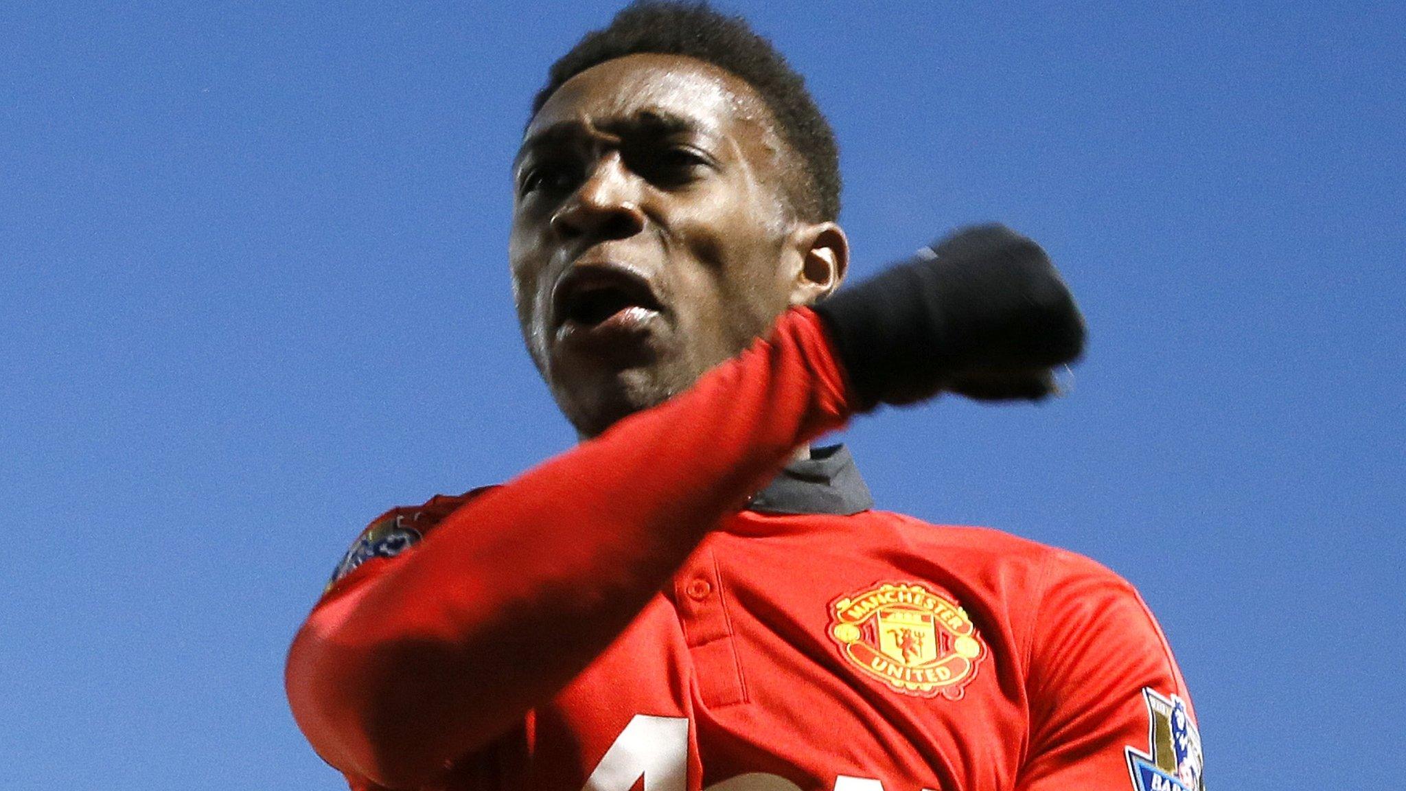 Manchester United striker Danny Welbeck celebrates his goal at Norwich