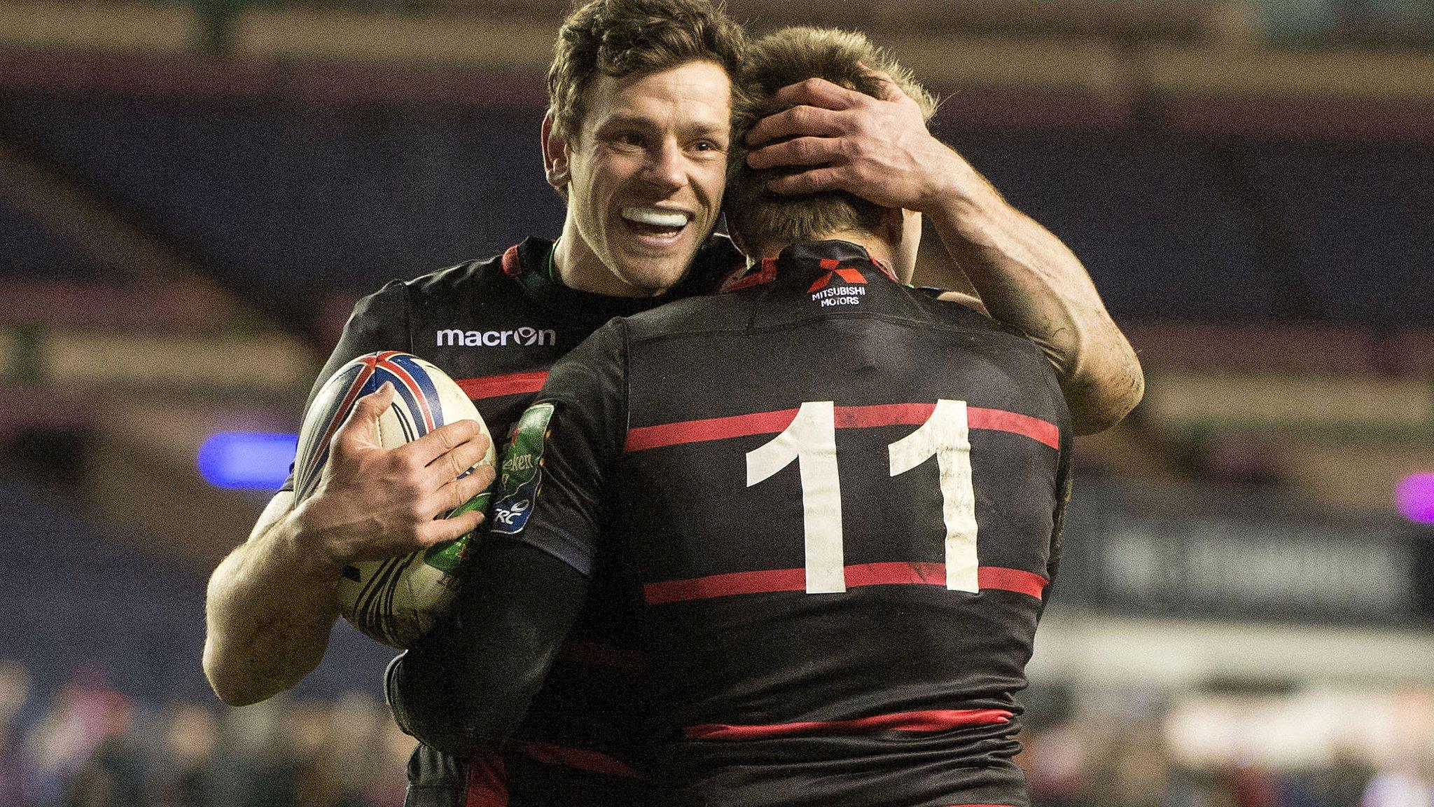 Edinburgh's Nick De Luca (left) congratulates Tom Brown on his try.