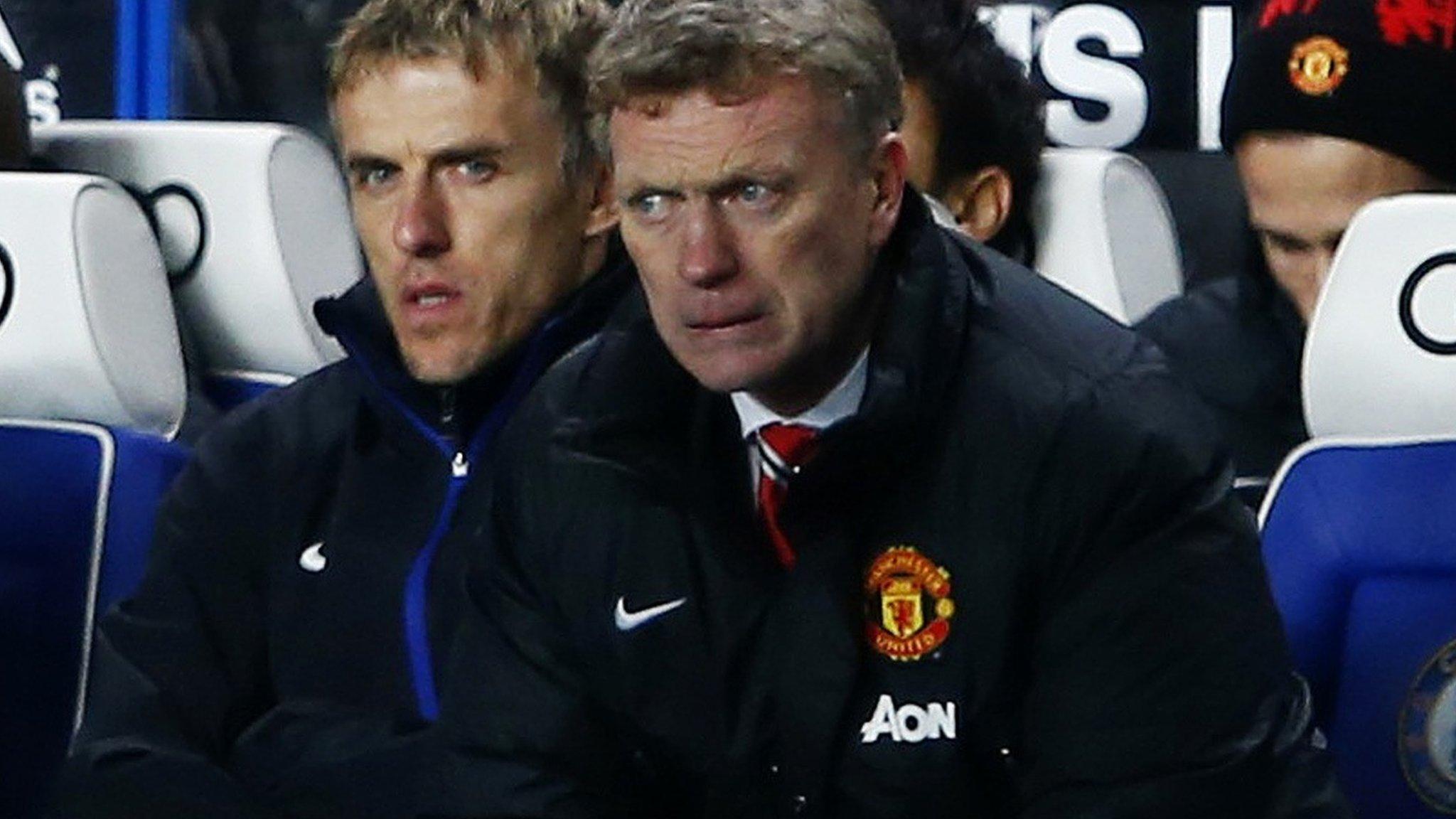 Manchester United manager David Moyes and Red Devils coach Phil Neville (left)