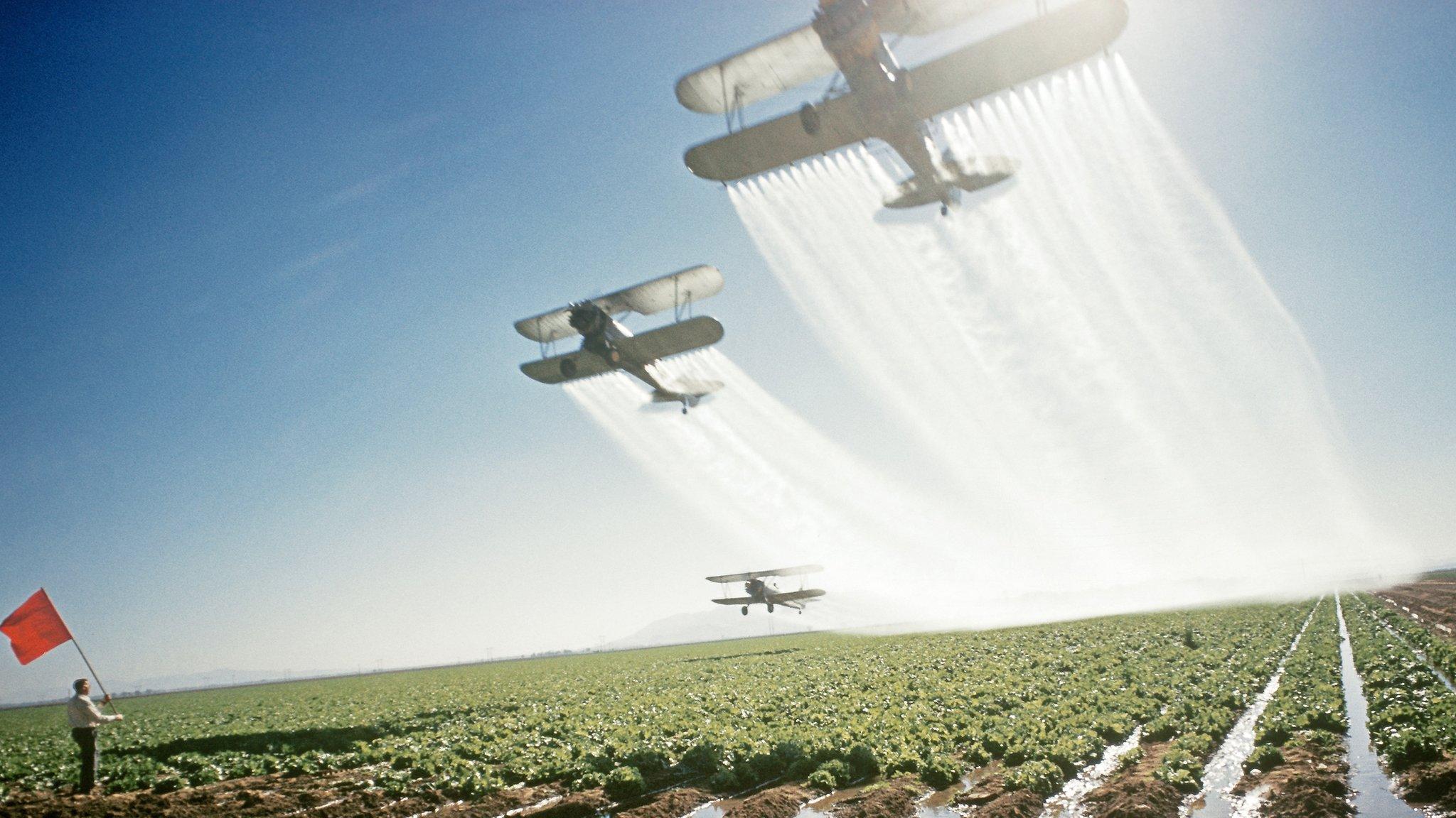 Planes dusting crops with pesticides