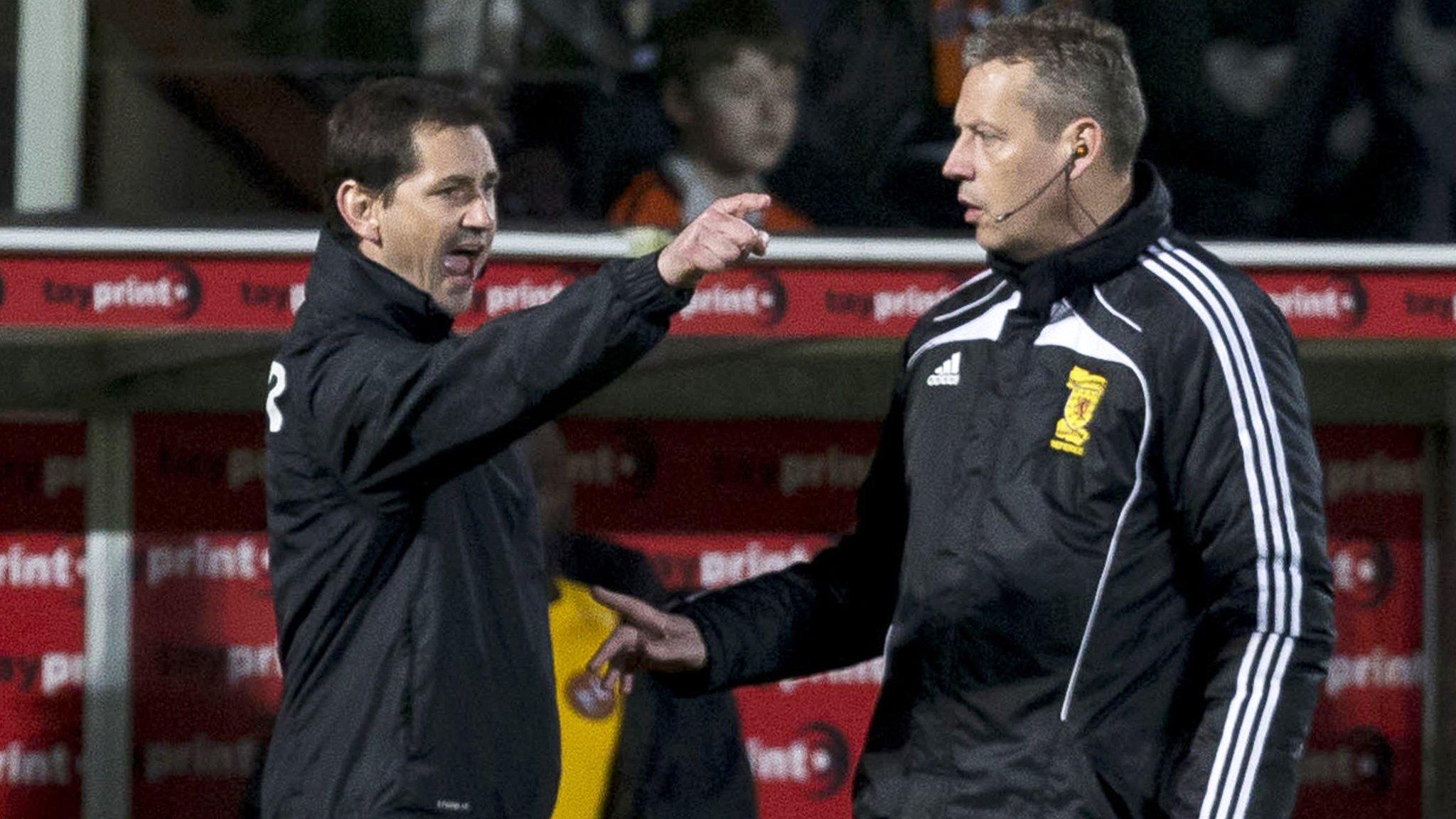 Jackie McNamara gesticulates in front of fourth official Iain Brines