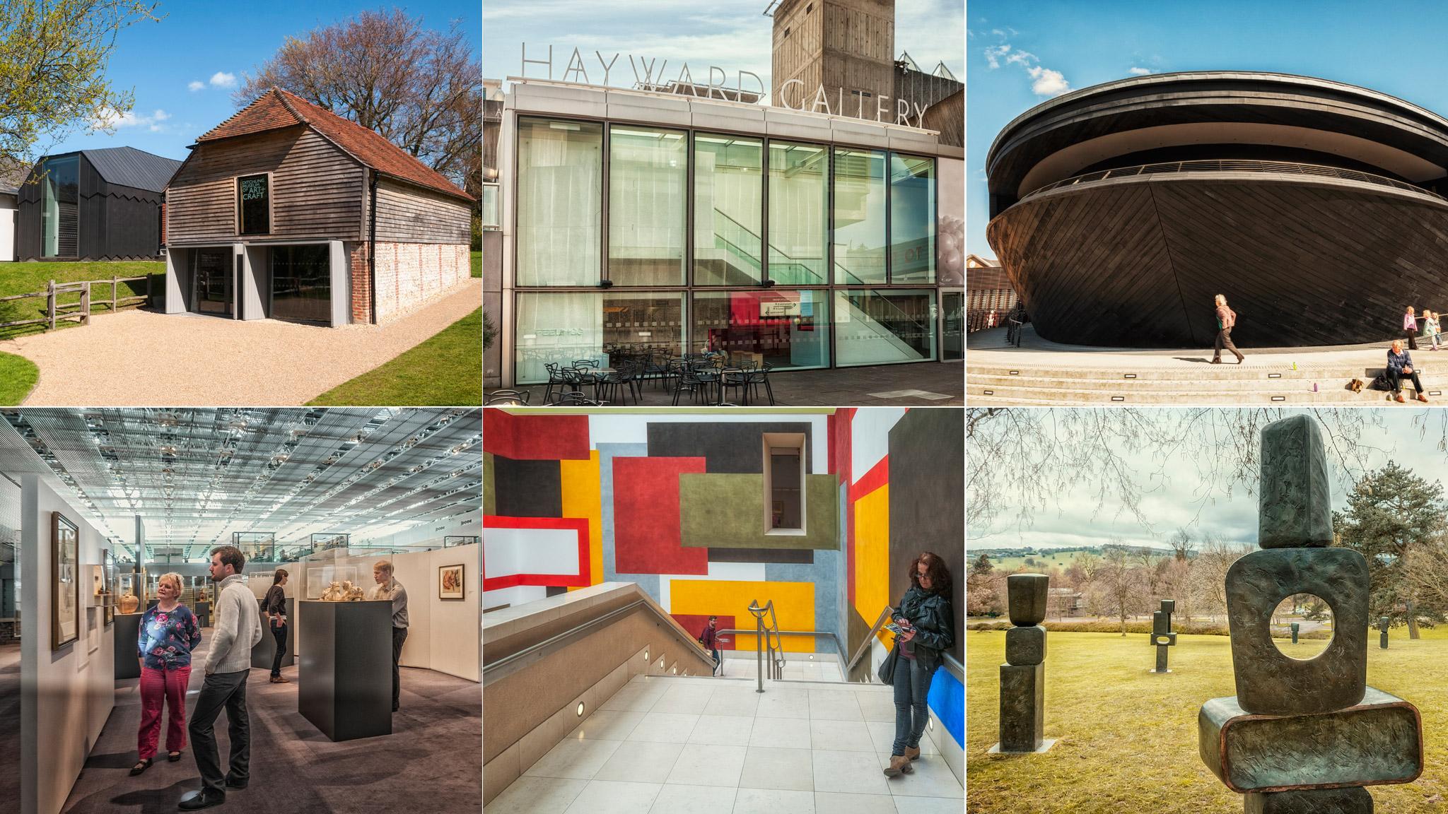 The nominees are (clockwise from top left): The Ditchling Museum, the Hayward Gallery, the Mary Rose Museum, Yorkshire Sculpture Park, Tate Britain and the Sainsbury Centre for Visual Arts