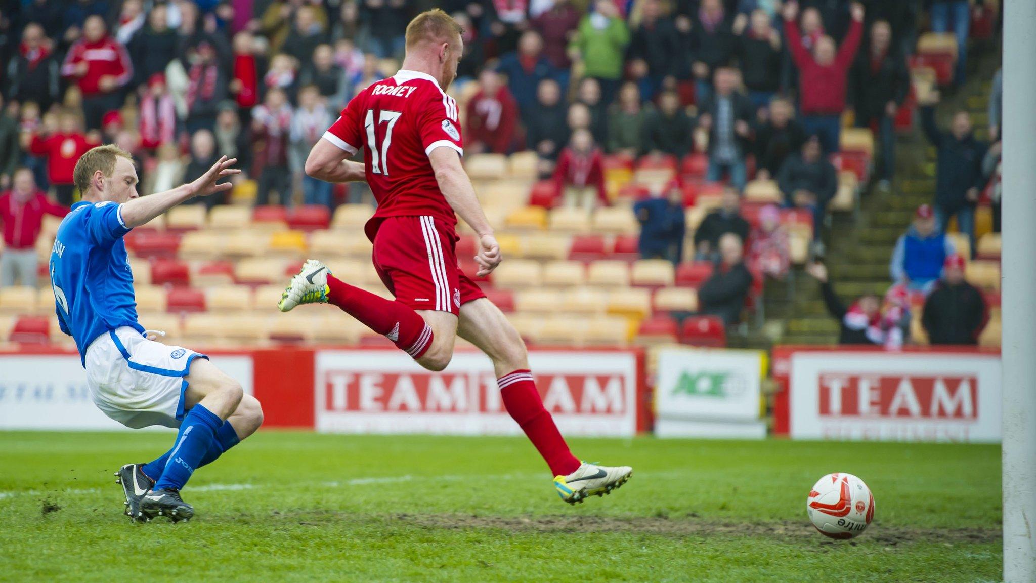 Adam Rooney scores for Aberdeen against St Johnstone