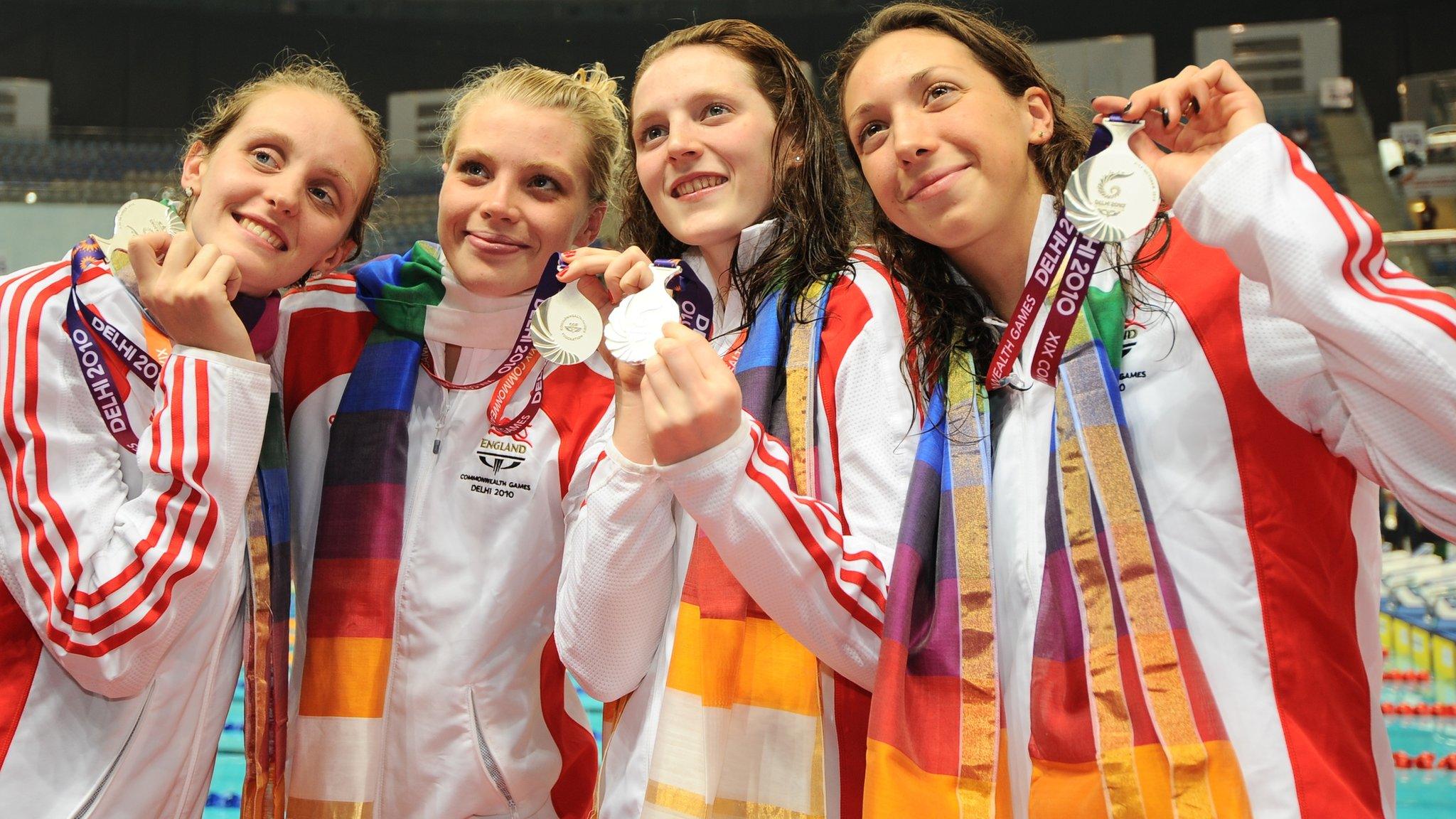 England swimmers Francesca Halsall, Amy Smith, Emma Saunders, Jessica Sylvester