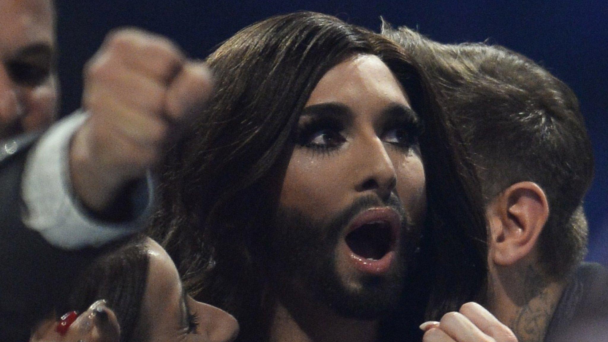 Conchita Wurst shows surprise after winning the Eurovision Song Contest