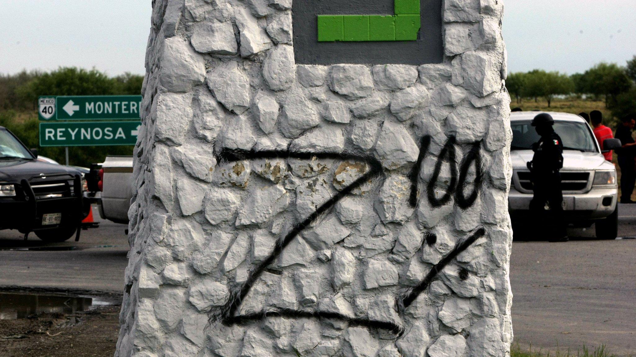 A graffiti (Zeta 100%) can be seen painted in the place where 49 corpses were found on the Monterrey-Reynosa road on 13 May, 2012