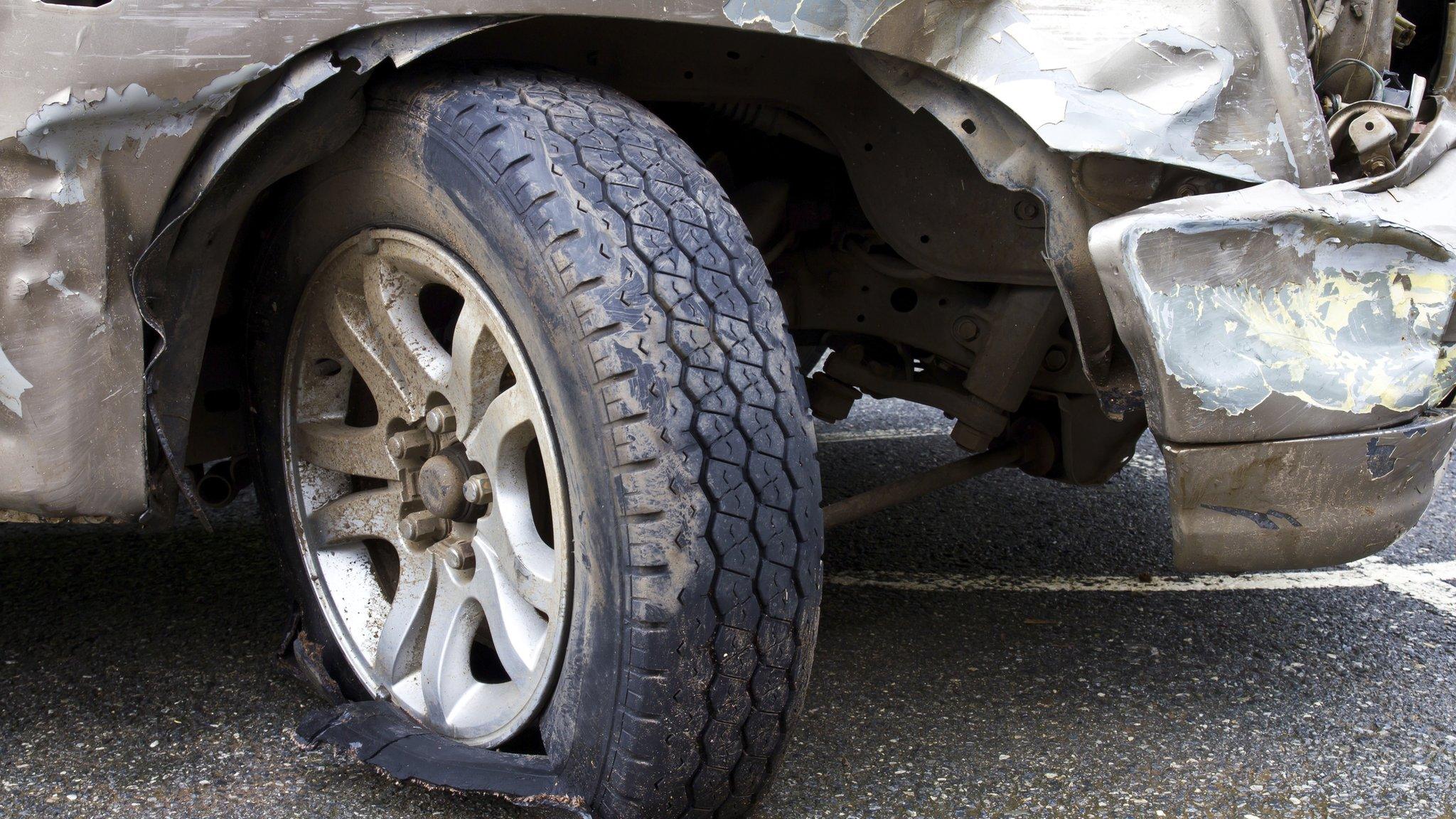 wheel of crashed car