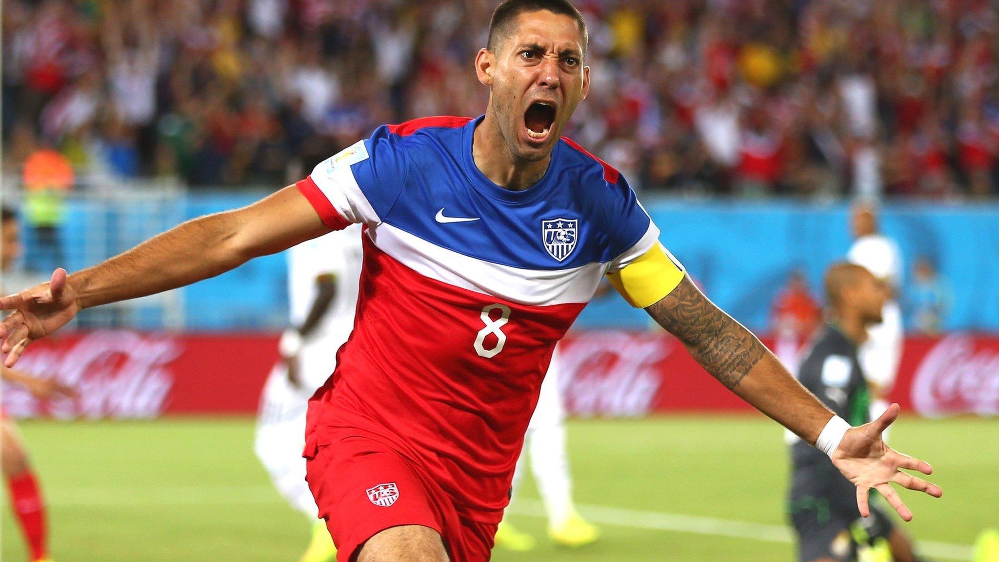 Clint Dempsey of the United States reacts after scoring his team"s first goal