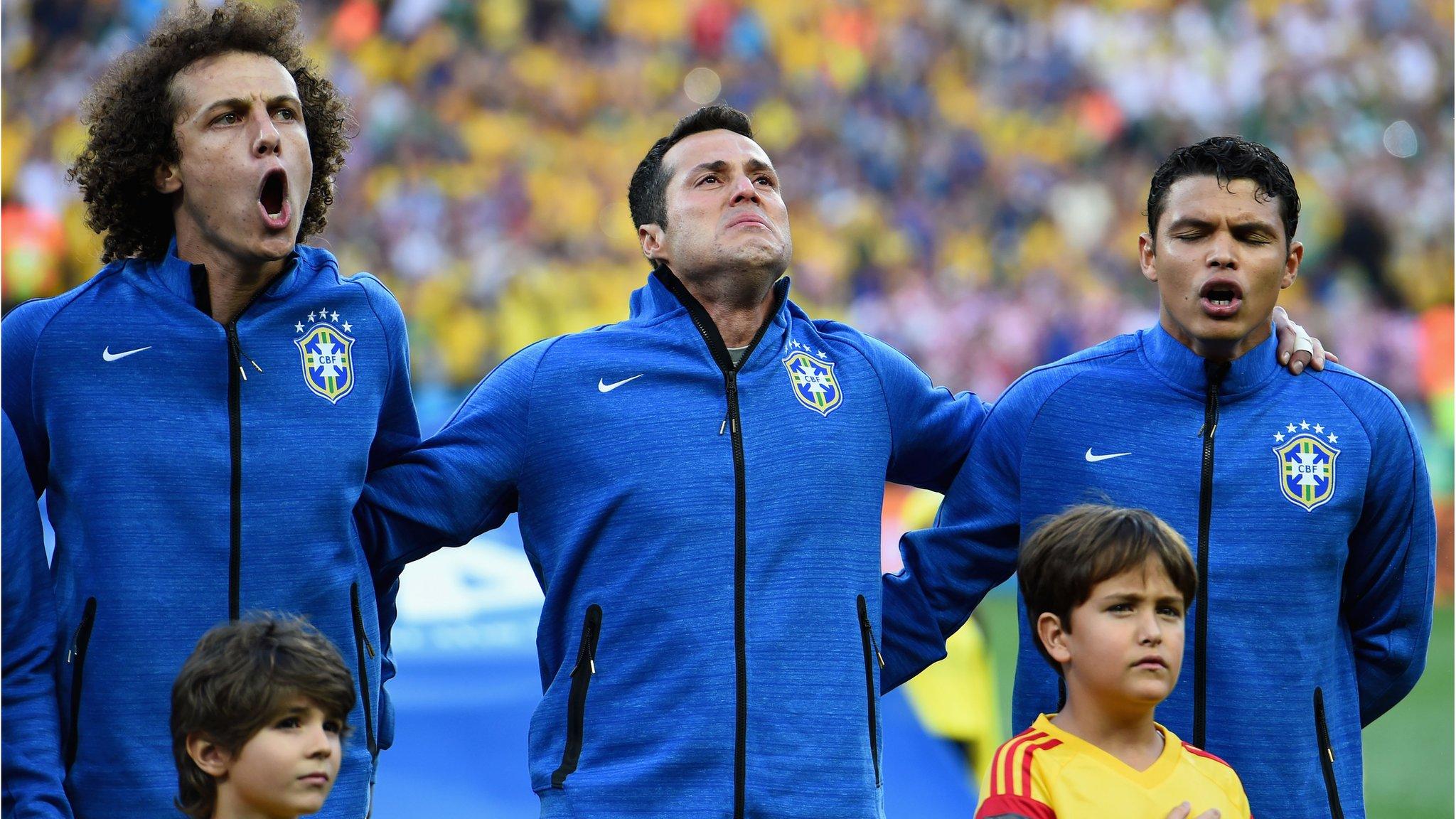 Brazil players get emotional during their national anthem