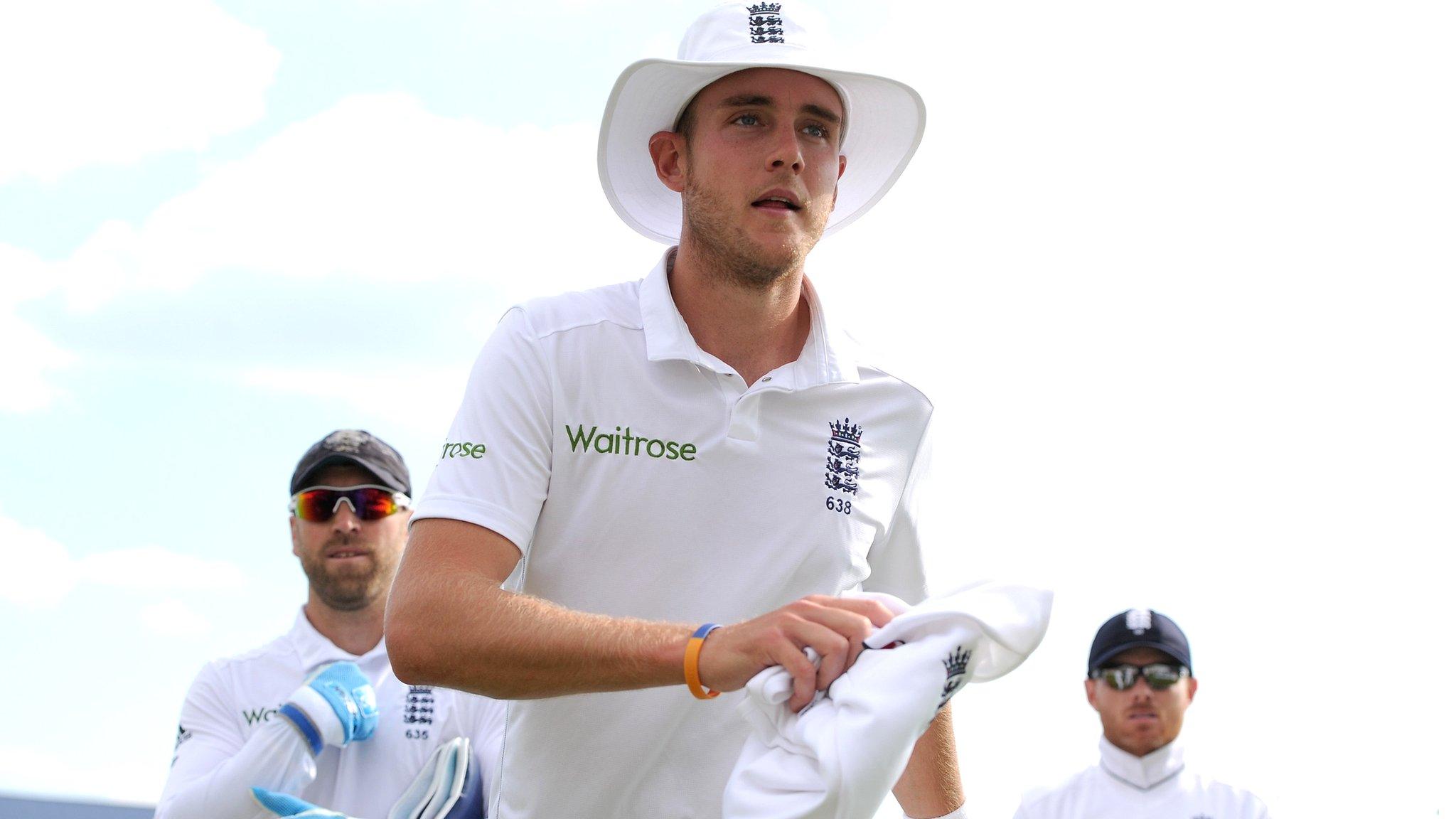 Stuart Broad leaves the field after his hat-trick for England against Sri Lanka