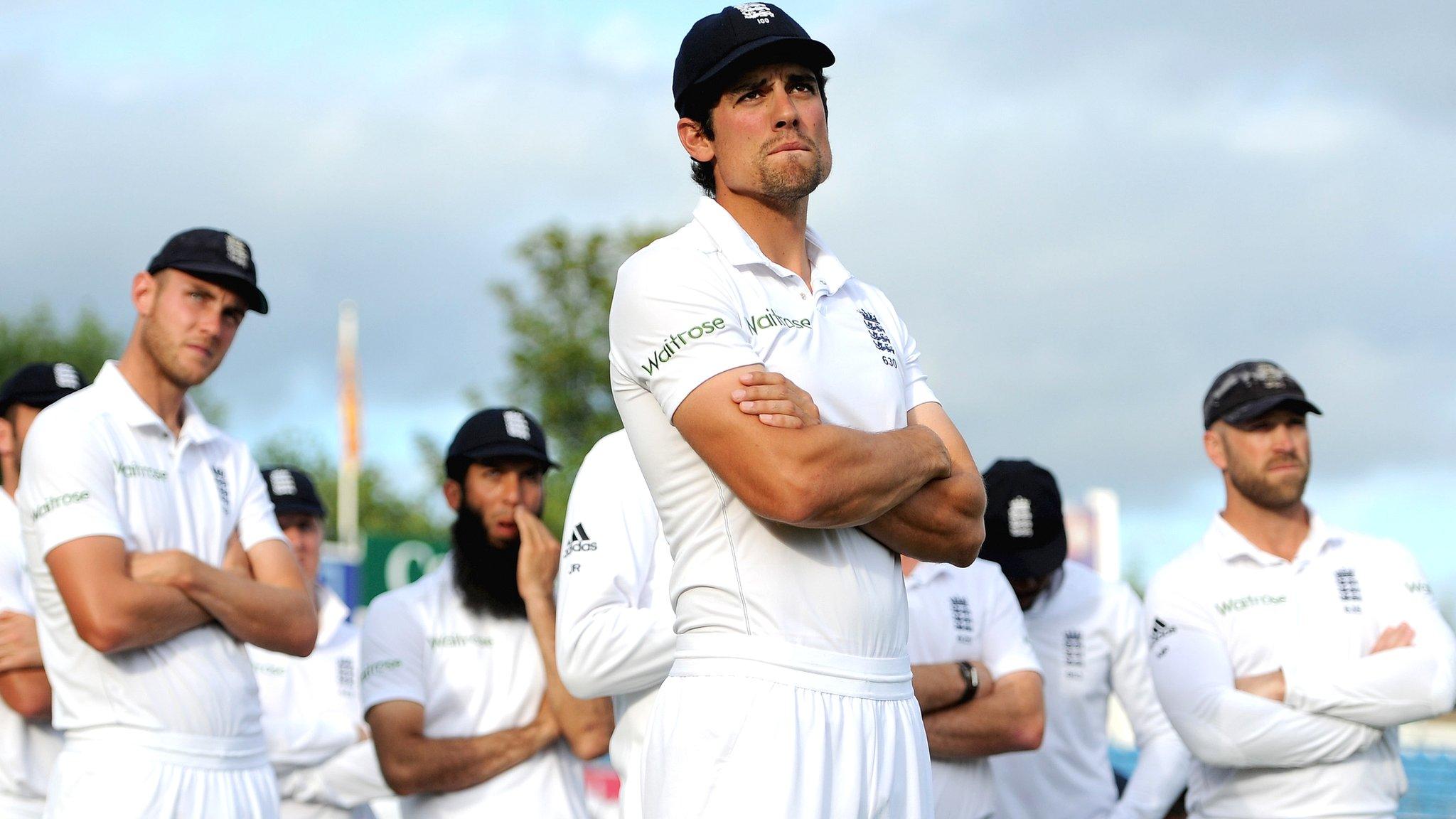 England captain Alastair Cook (centre) after the defeat against Sri Lanka at Headingley