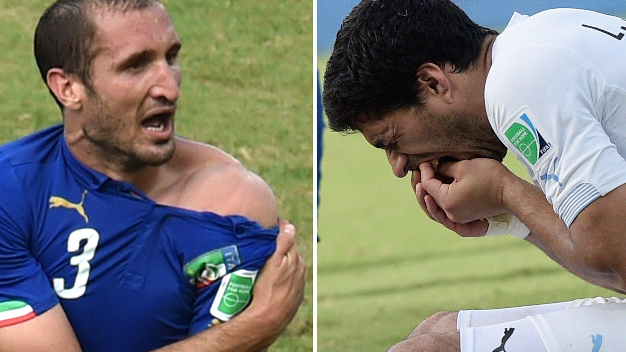 Italy defender Giorgio Chiellini and Uruguay forward Luis Suarez.