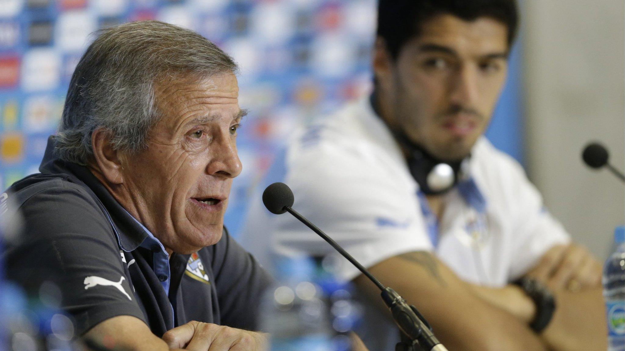 Uruguay coach Oscar Tabarez and striker Luis Suarez