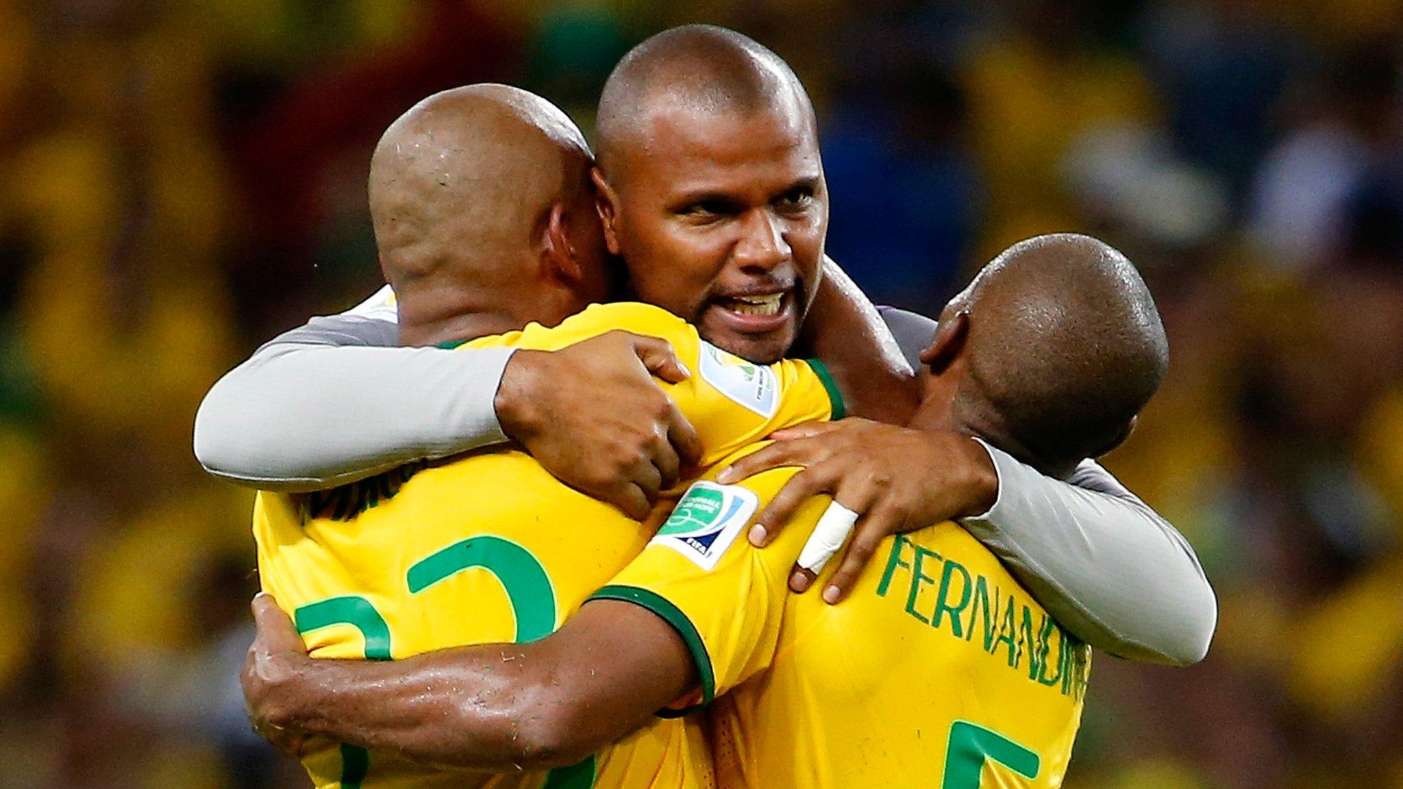 Brazil's Maicon, Jefferson and Fernandinho