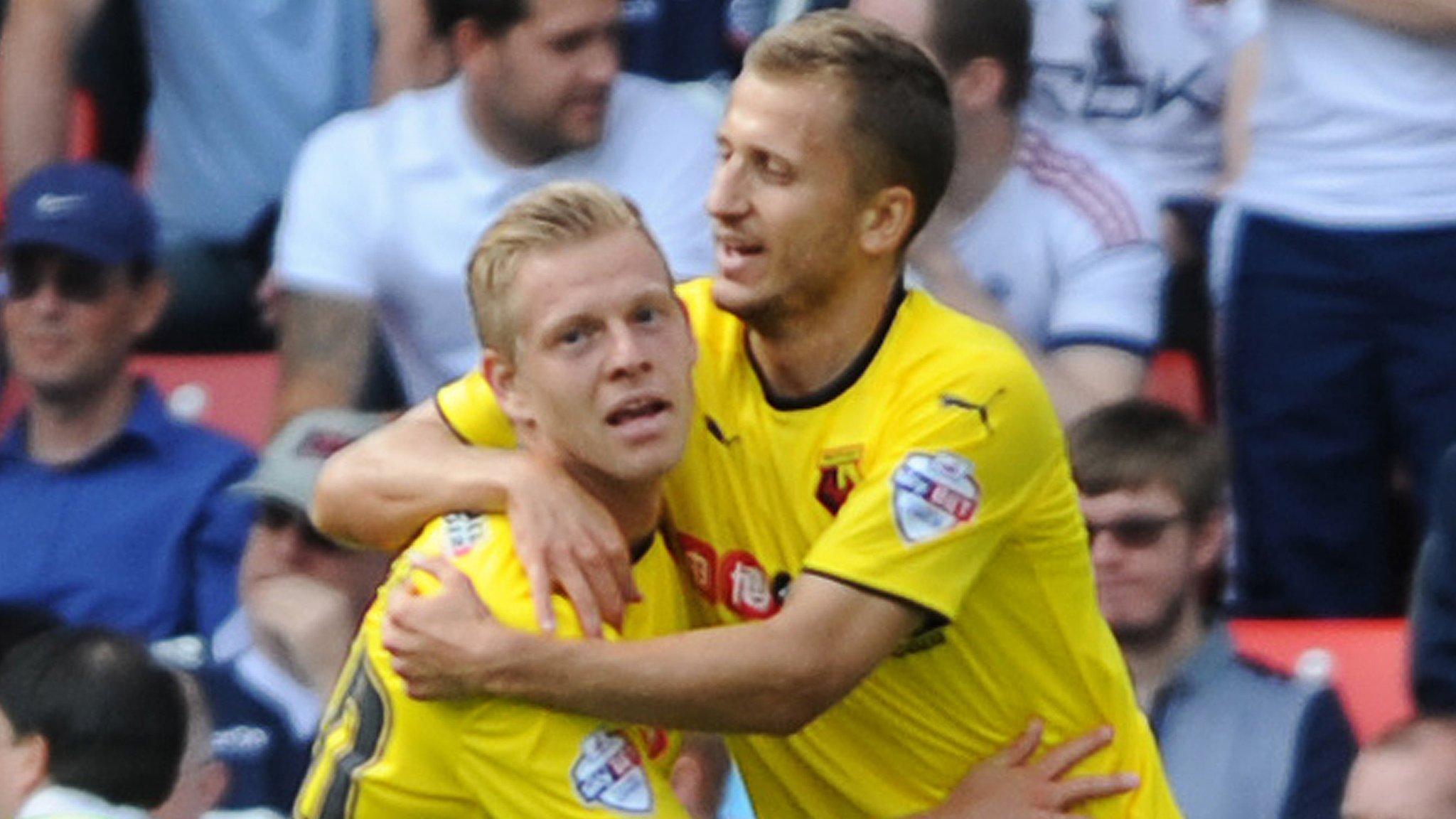 Watford's Majet Vydra (left) celebrates scoring their second goal with Almen Abdi.