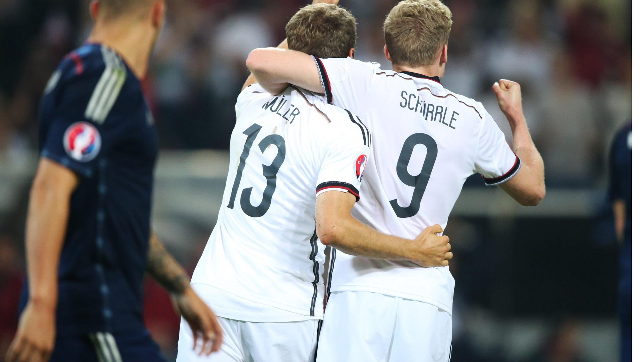 Thomas Muller celebrates after scoring for Germany against Scotland