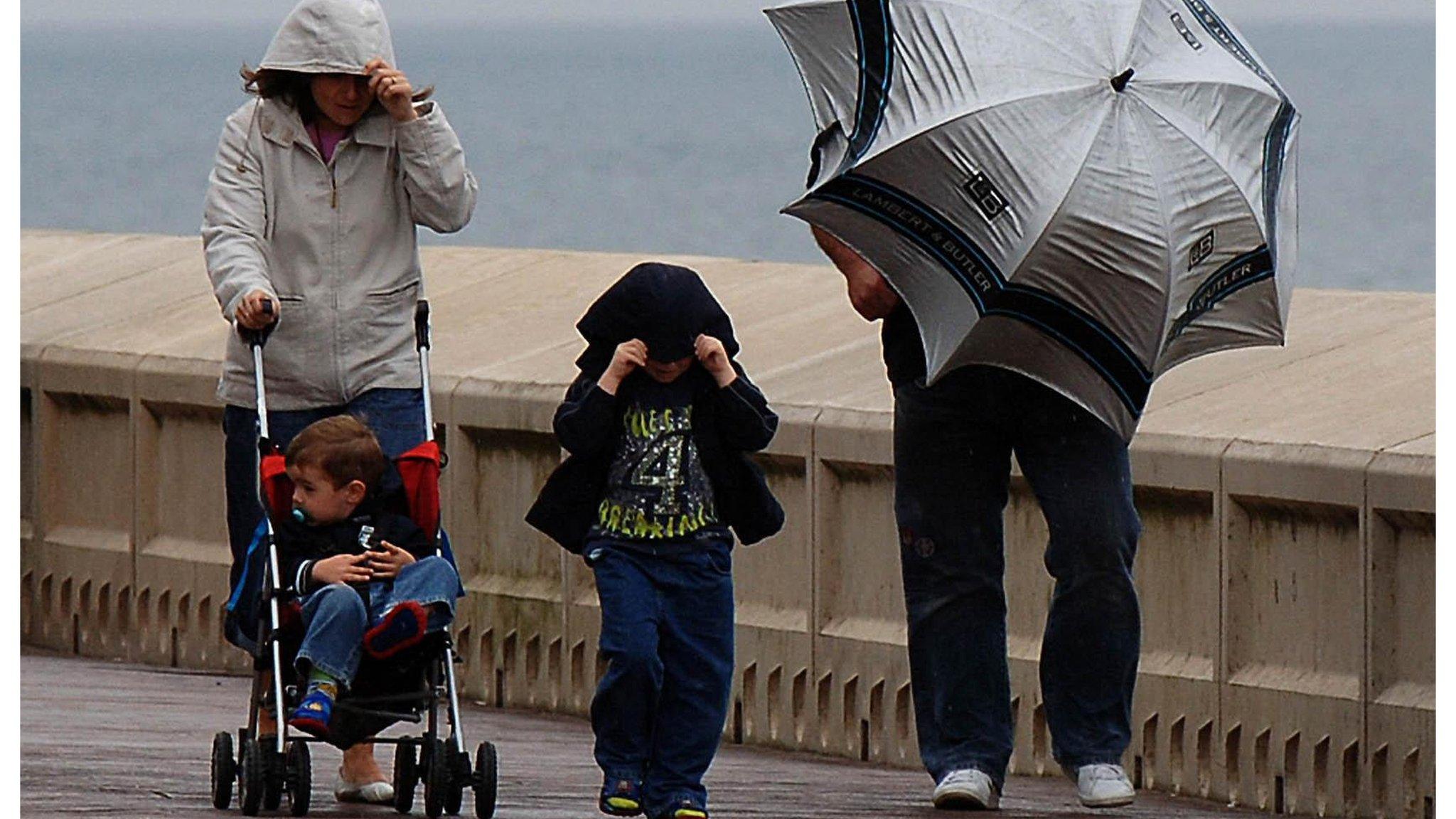 Family walking into the wind