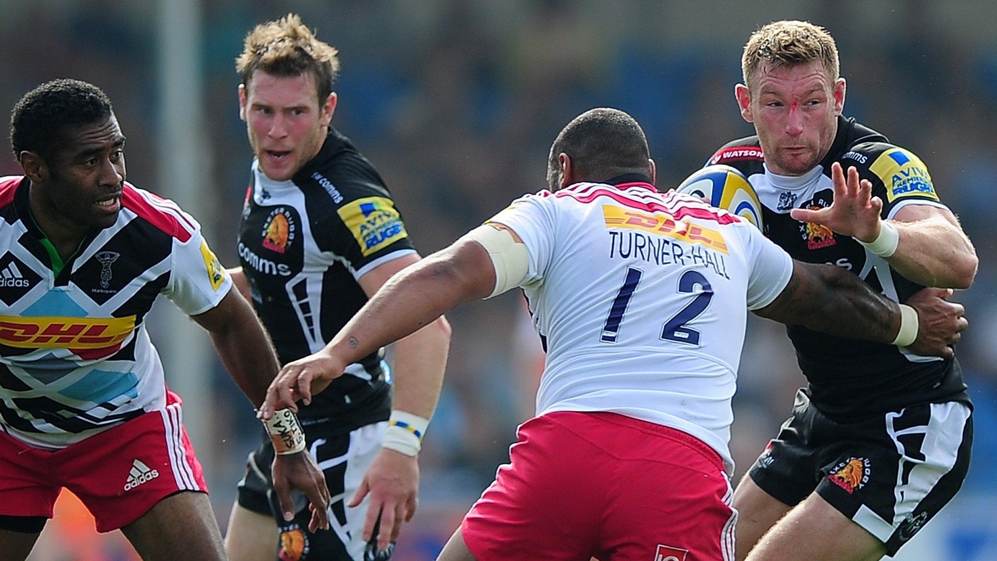 Exeter's Matt Jess tackled by Jordan Turner-Hall of Harlequins