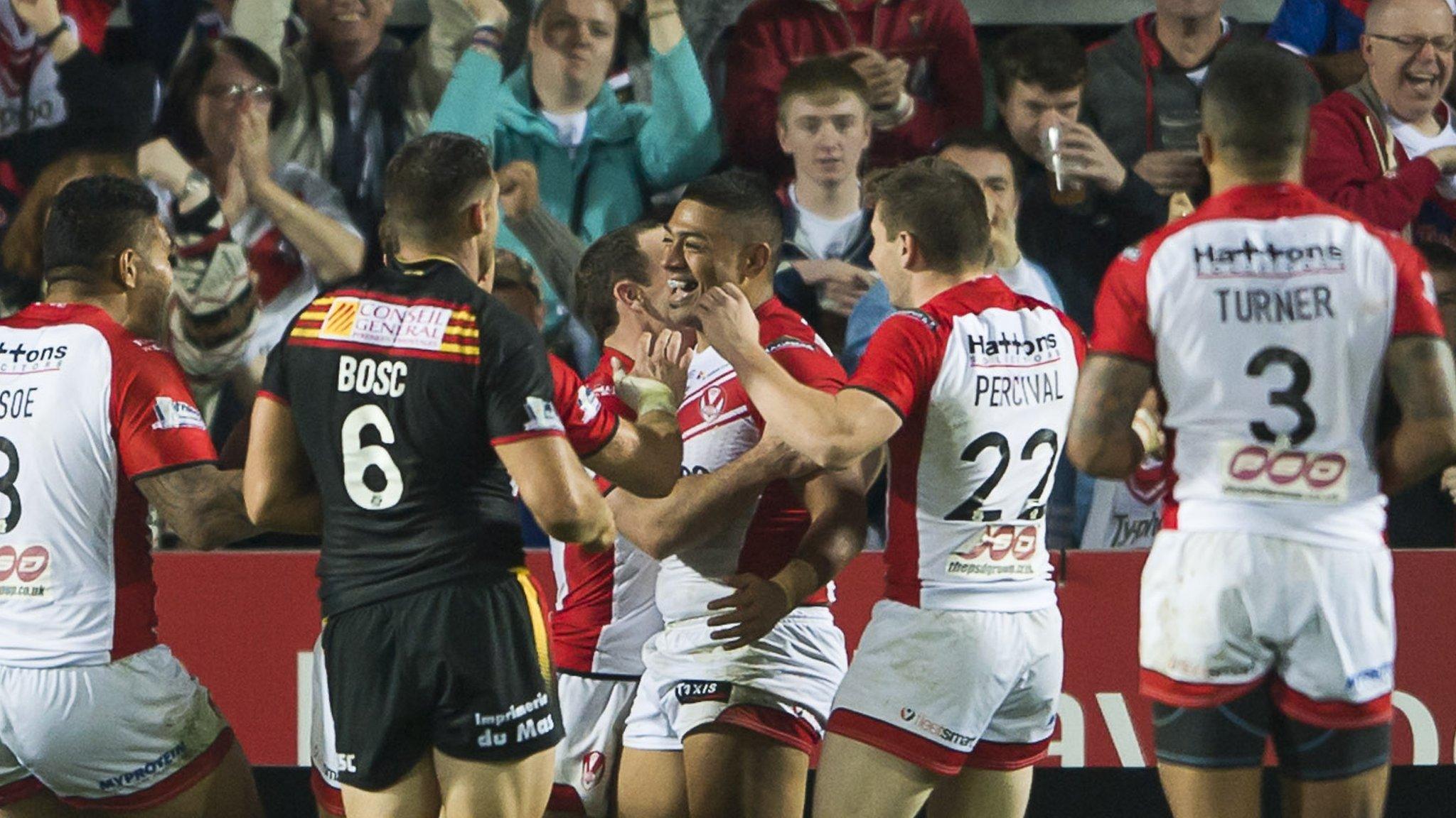 Saints' Jordan Turner celebrates his try against Catalan Dragons