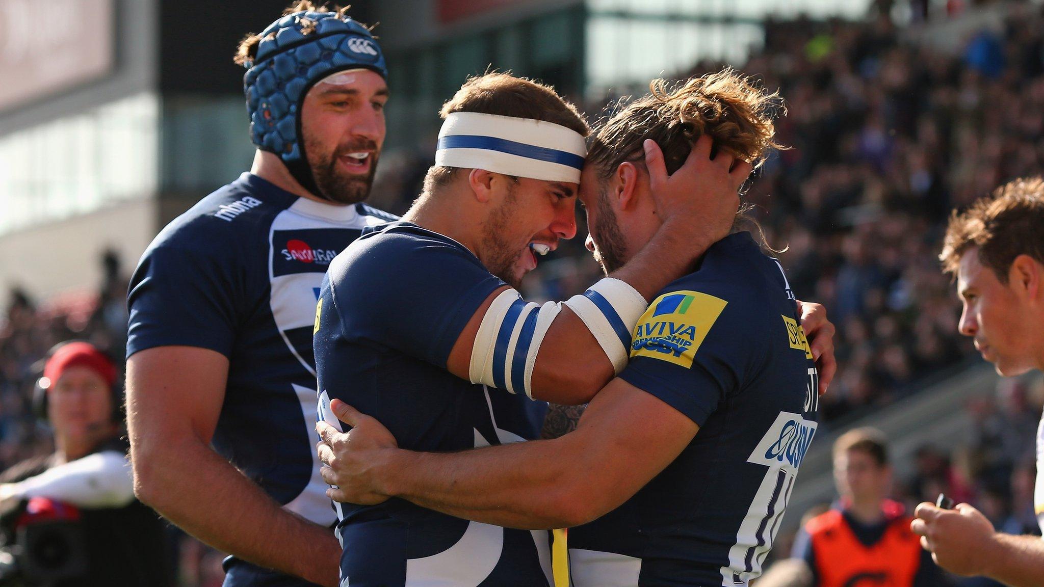 Sale celebrate Tom Arscott's try against Wasps