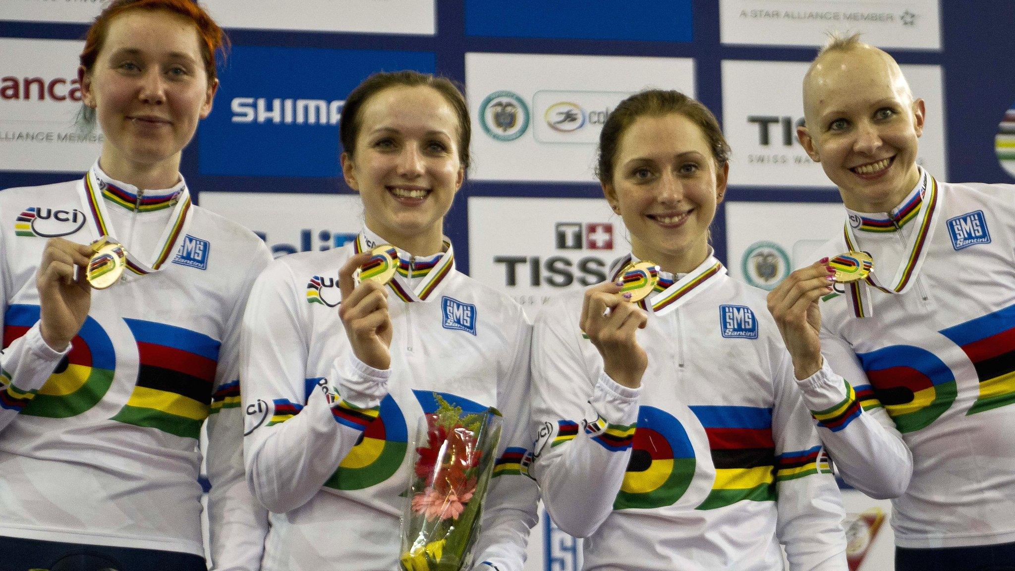Great Britain's world championship winning quartet of Katie Archibald, Elinor Barker, Laura Trott and Joanna Rowsell
