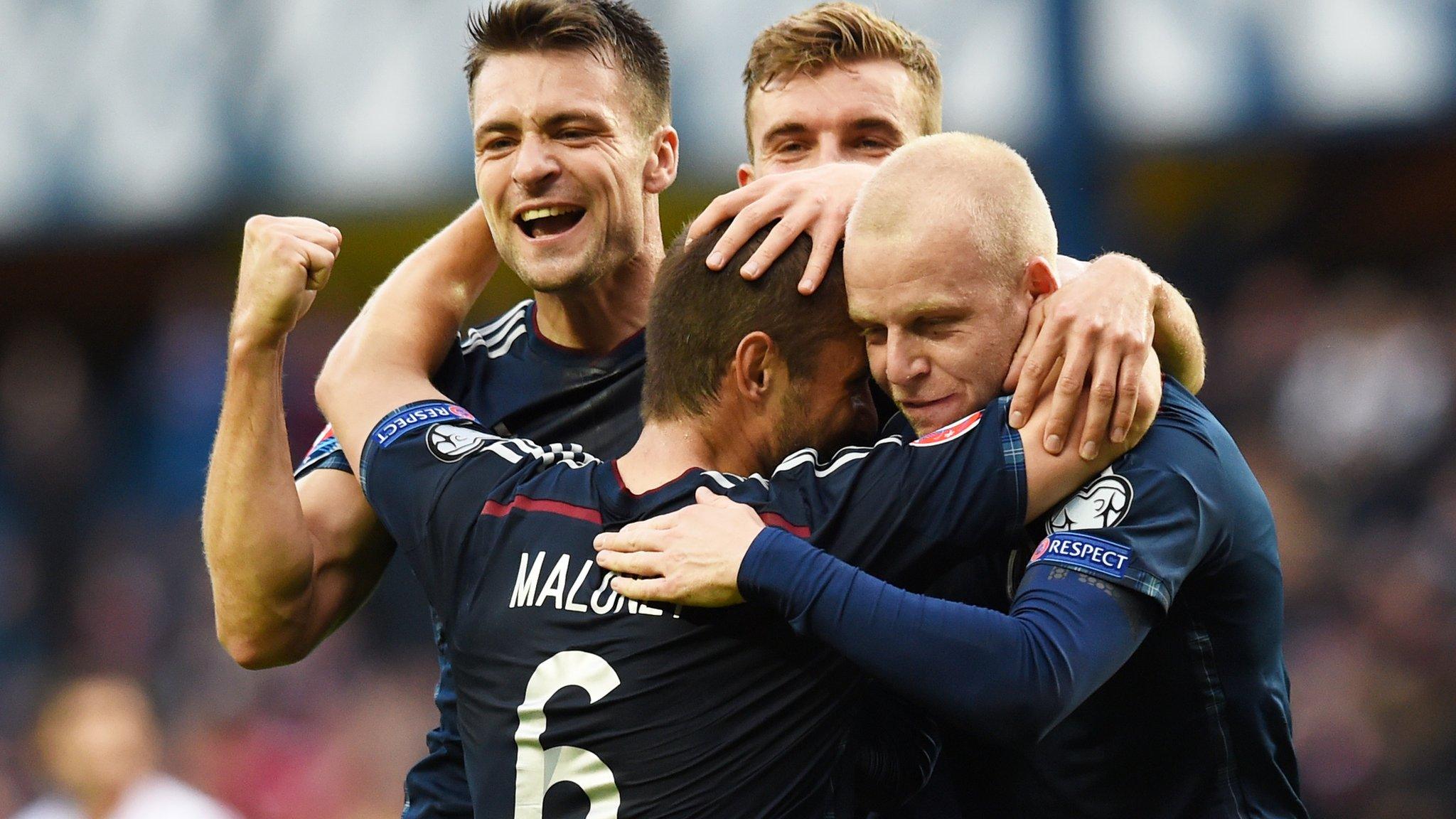 Scotland celebrate the breakthrough goal at Ibrox