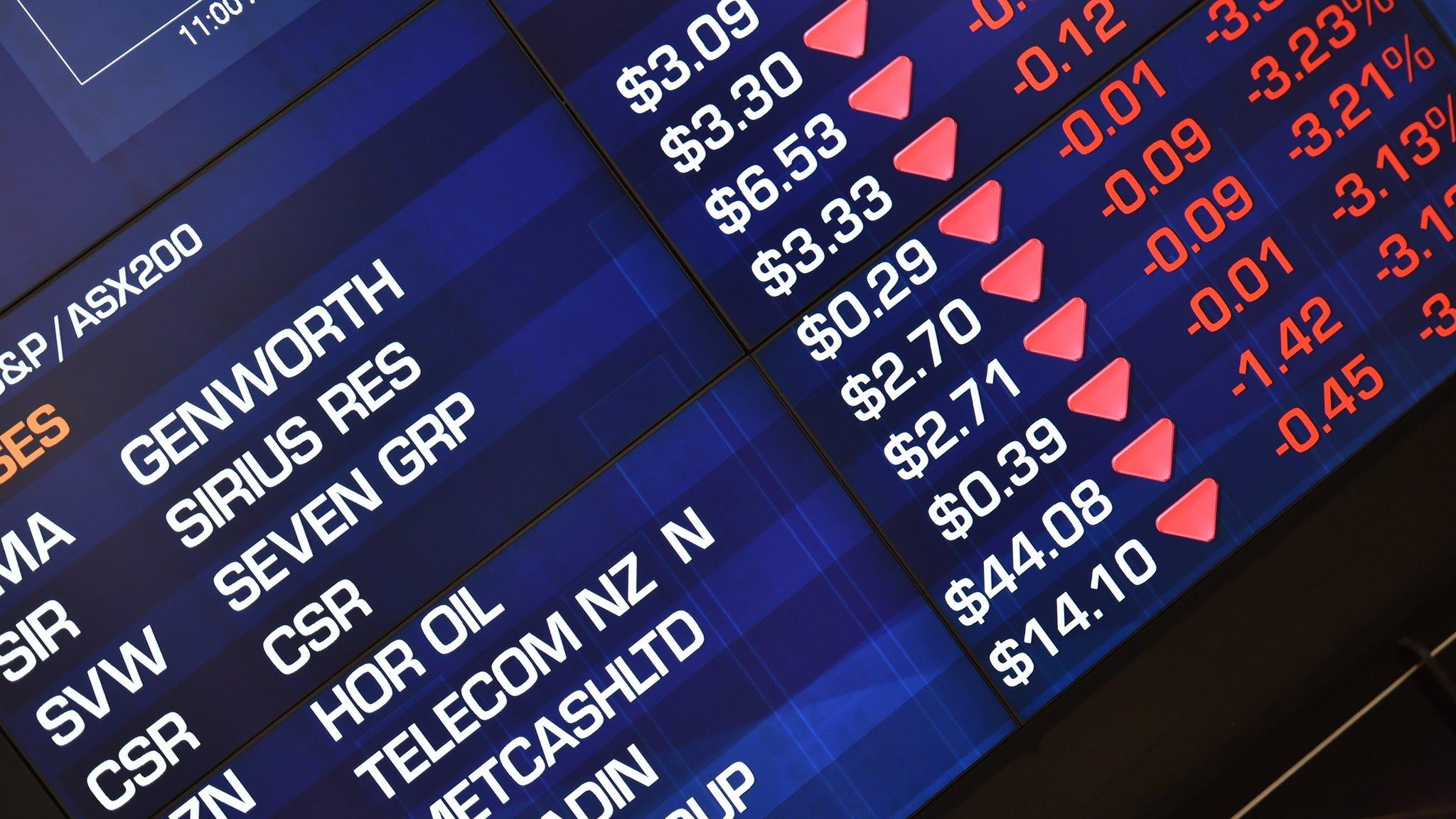 Boards displaying stock movements at the Australian Securities Exchange