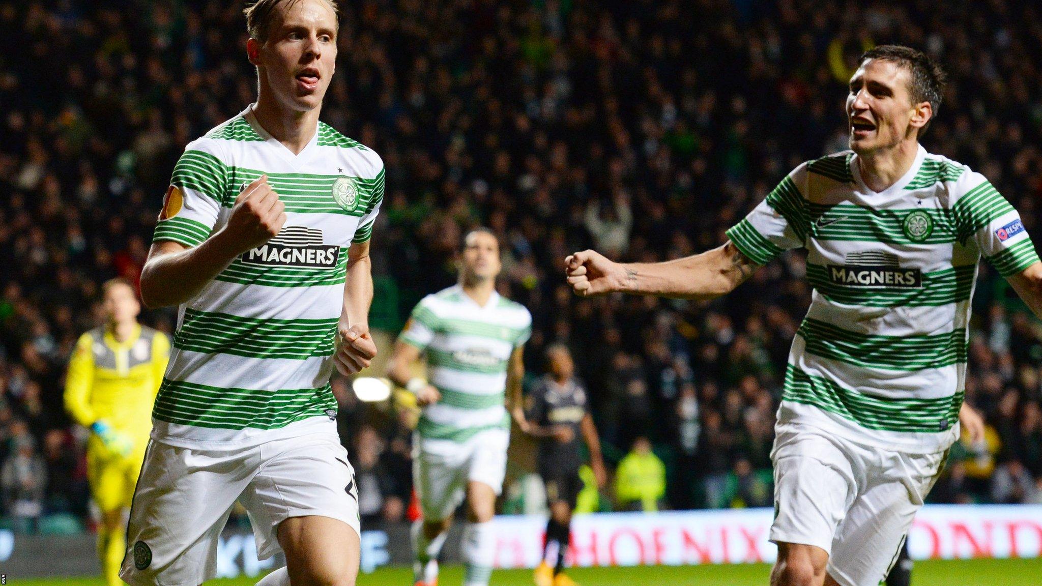 Stefan Johansen and Stefan Scepovic celebrate the former's goal