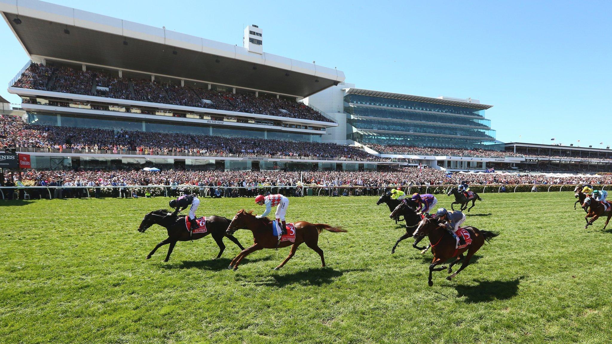 Damien Oliver riding #6 Fiorente wins the Melbourne Cup on 5 November 2013 in Melbourne, Australia