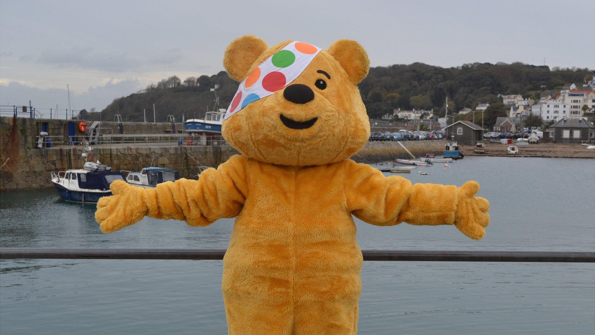 Pudsey the bear by Guernsey's St Peter Port Harbour