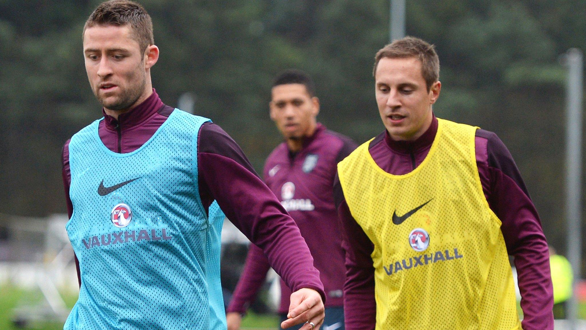 England defenders Gary Cahill, Chris Smalling and Phil Jagielka in training