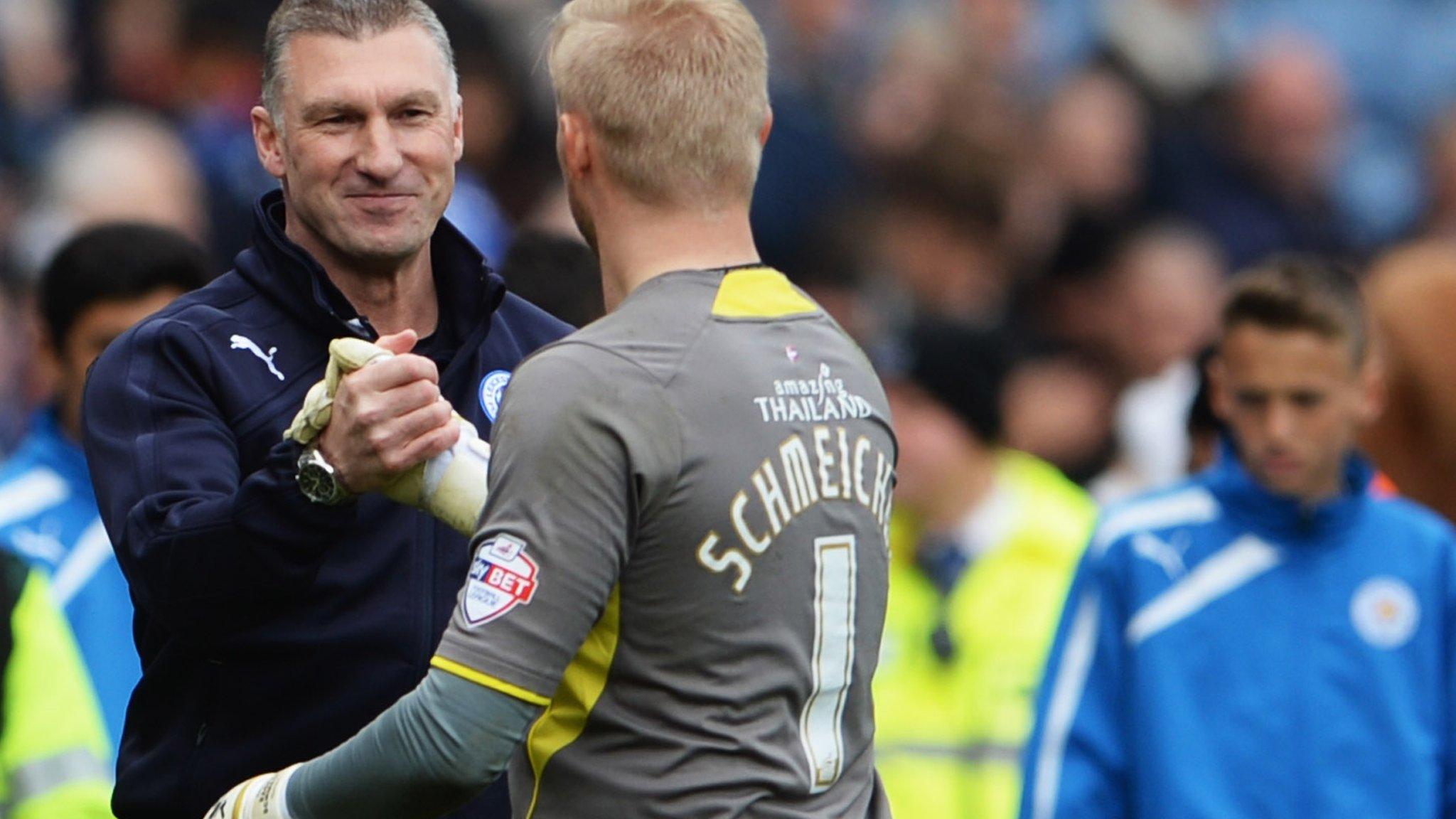 Leicester City manager Nigel Pearson with Kasper Schmeichel