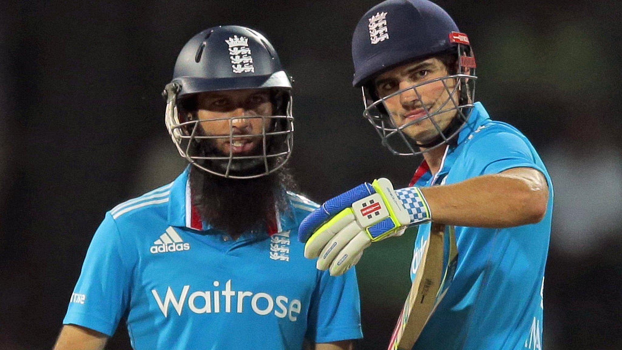 England captain Alastair Cook with centurion Moeen Ali