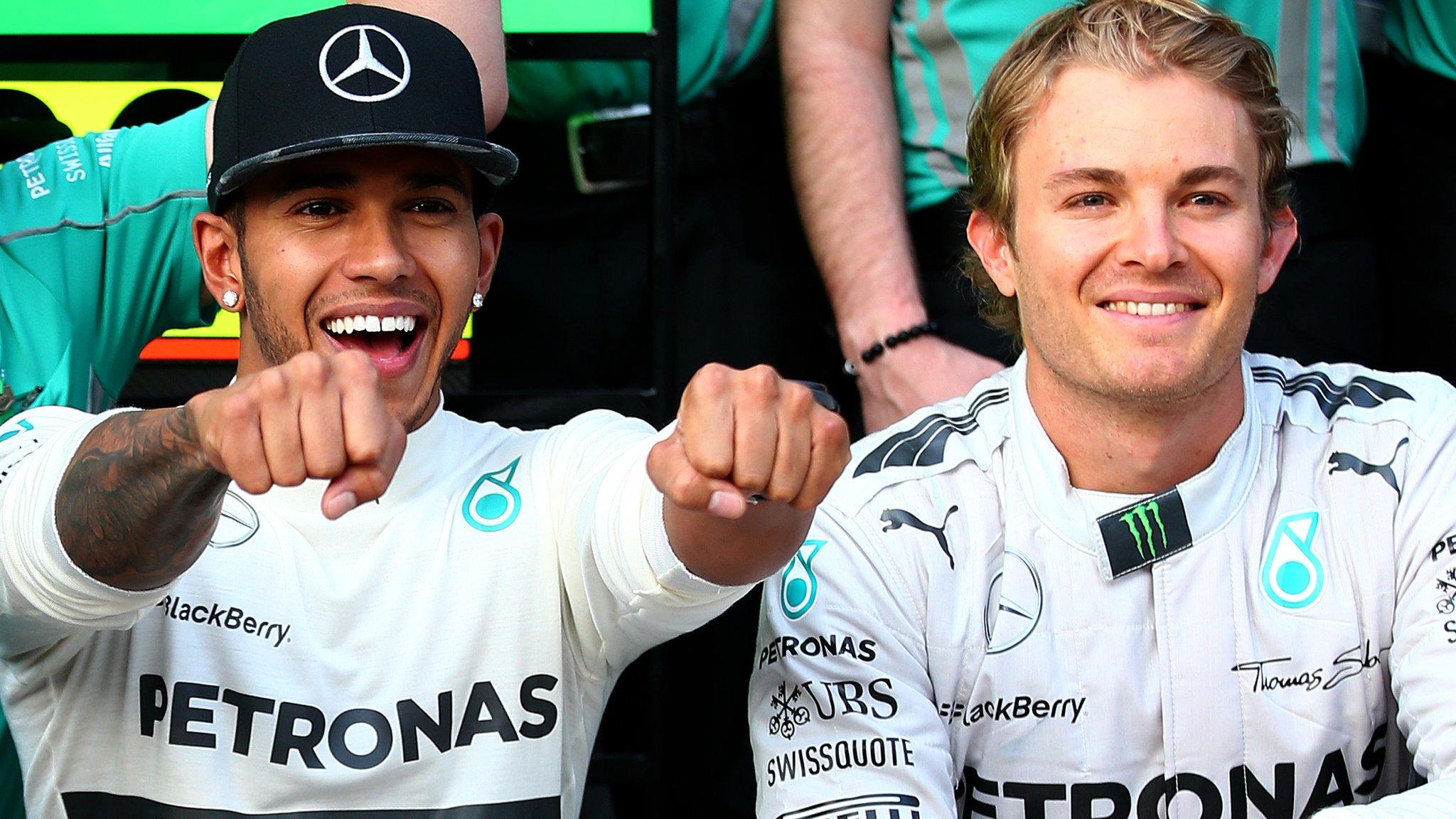 Lewis Hamilton celebrates his victory with Nico Rosberg at the United States Formula One Grand Prix