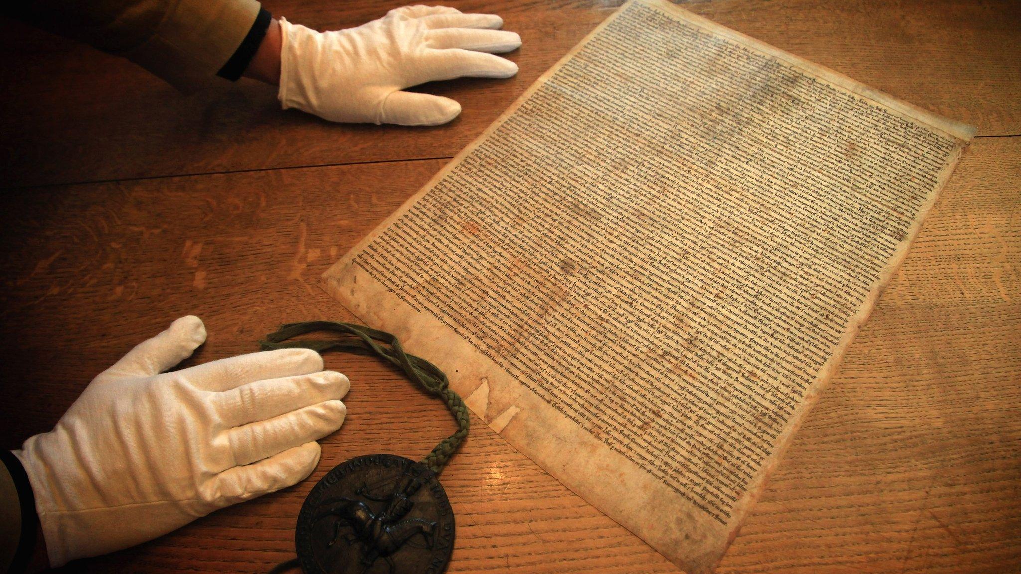 A facsimile copy of the 1215 document, the Magna Carta in the Library at Salisbury Cathedral