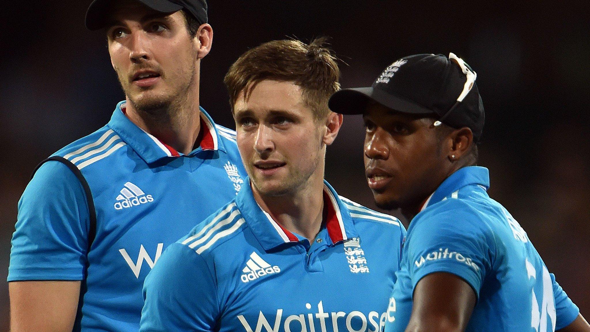 England's Steven Finn, Chris Woakes and Chris Jordan