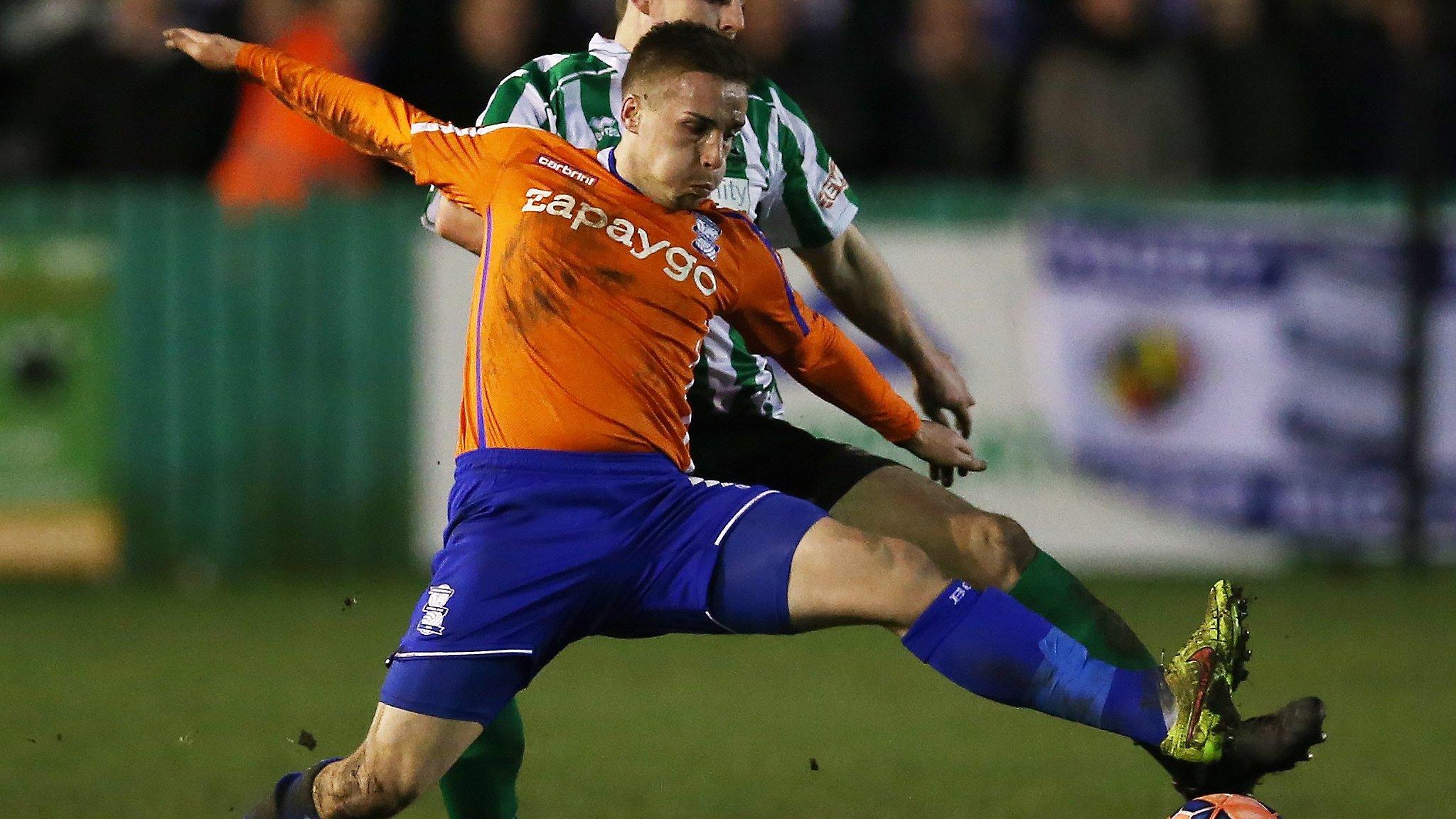 Birmingham City's Mitch Hancox vies with Blyth Spartans' Jordan Watson