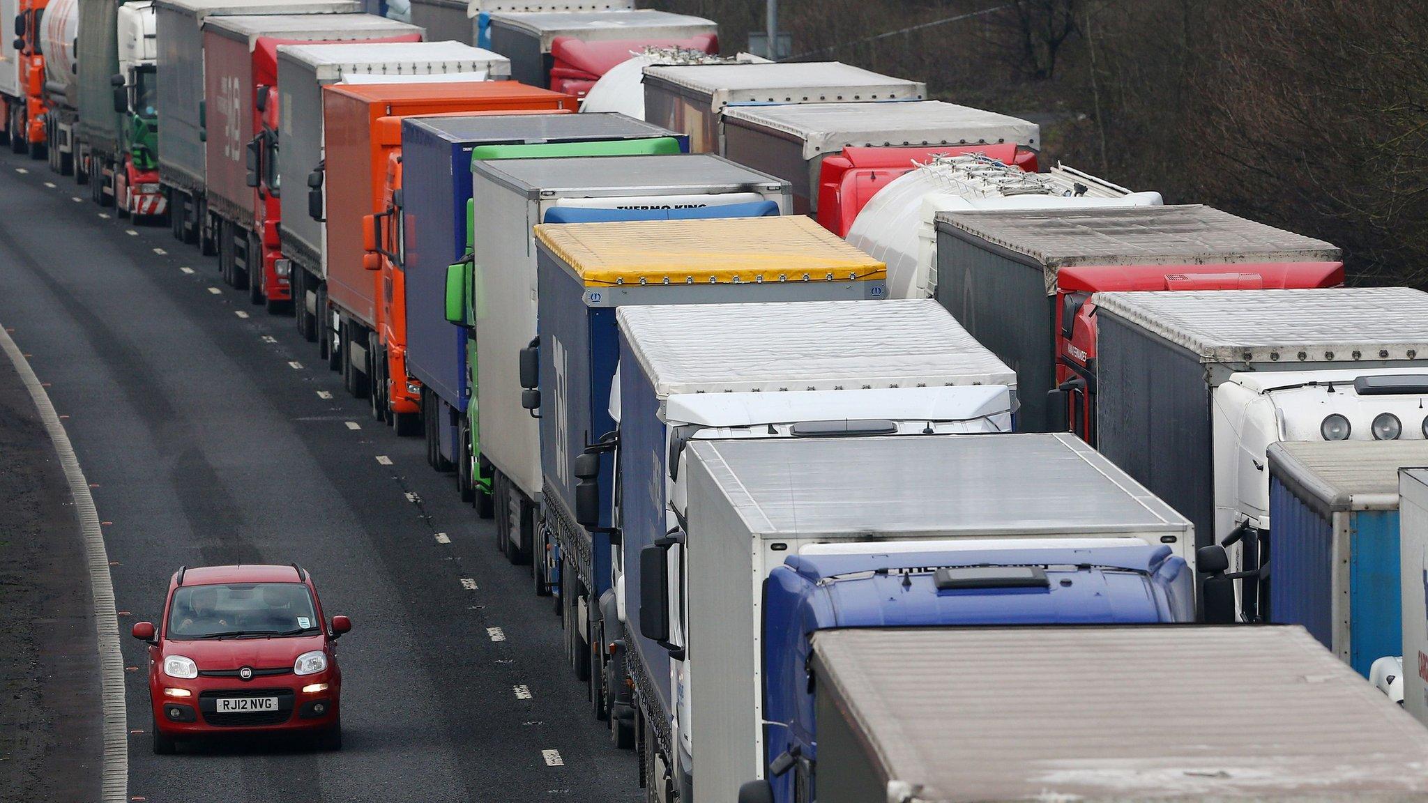 Queuing lorries on the M20 in Kent