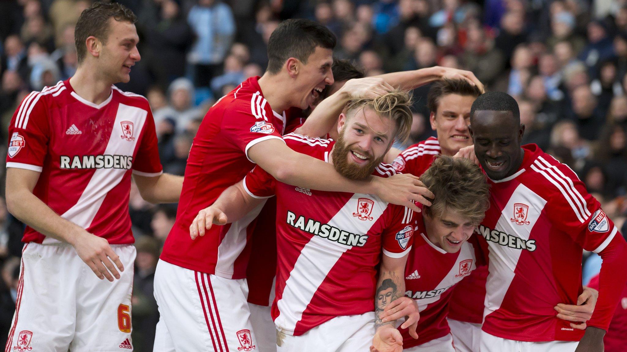 Middlesbrough celebrate Patrick Bamford's goal against Manchester City