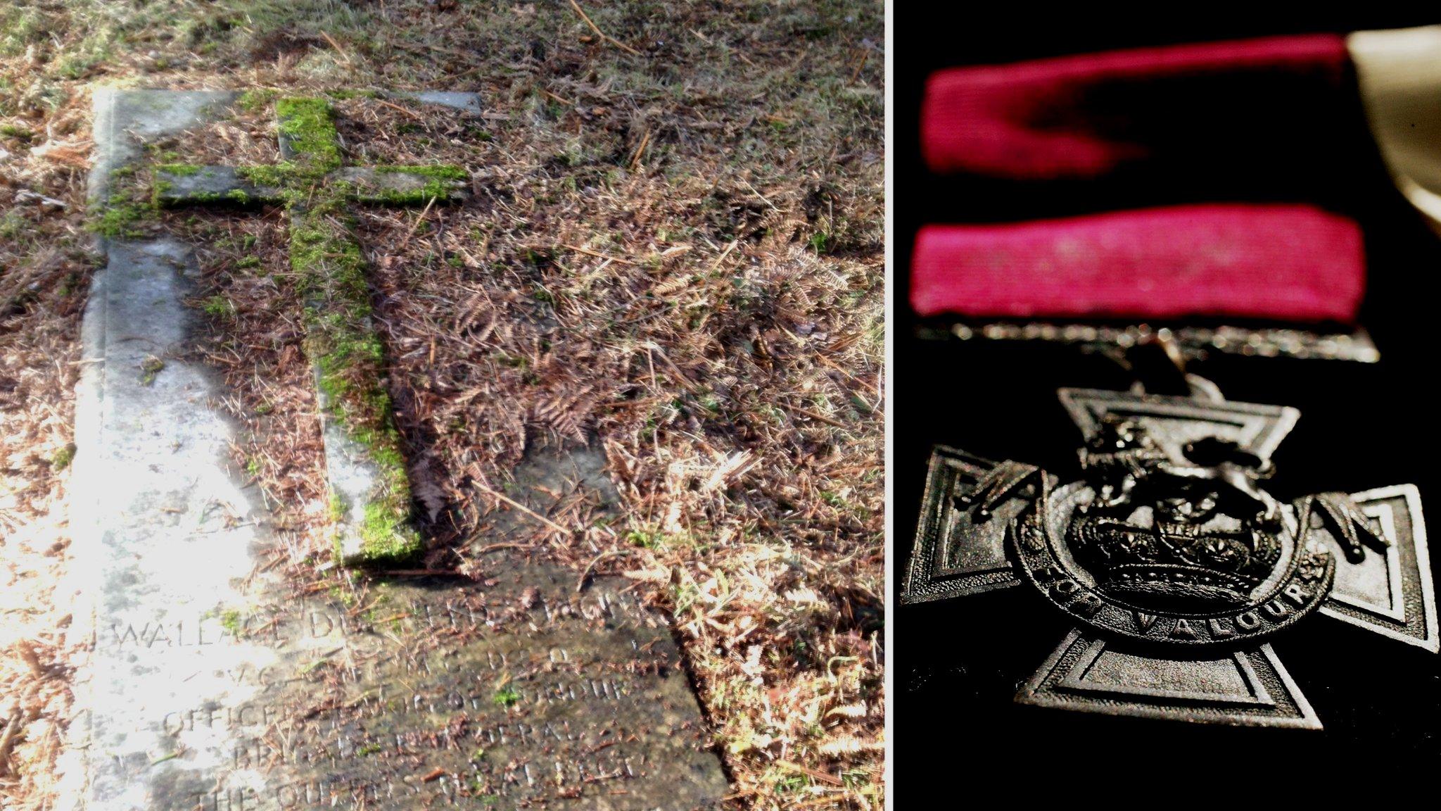 Images showing the grave of Wallace Wright VC and a Victoria Cross