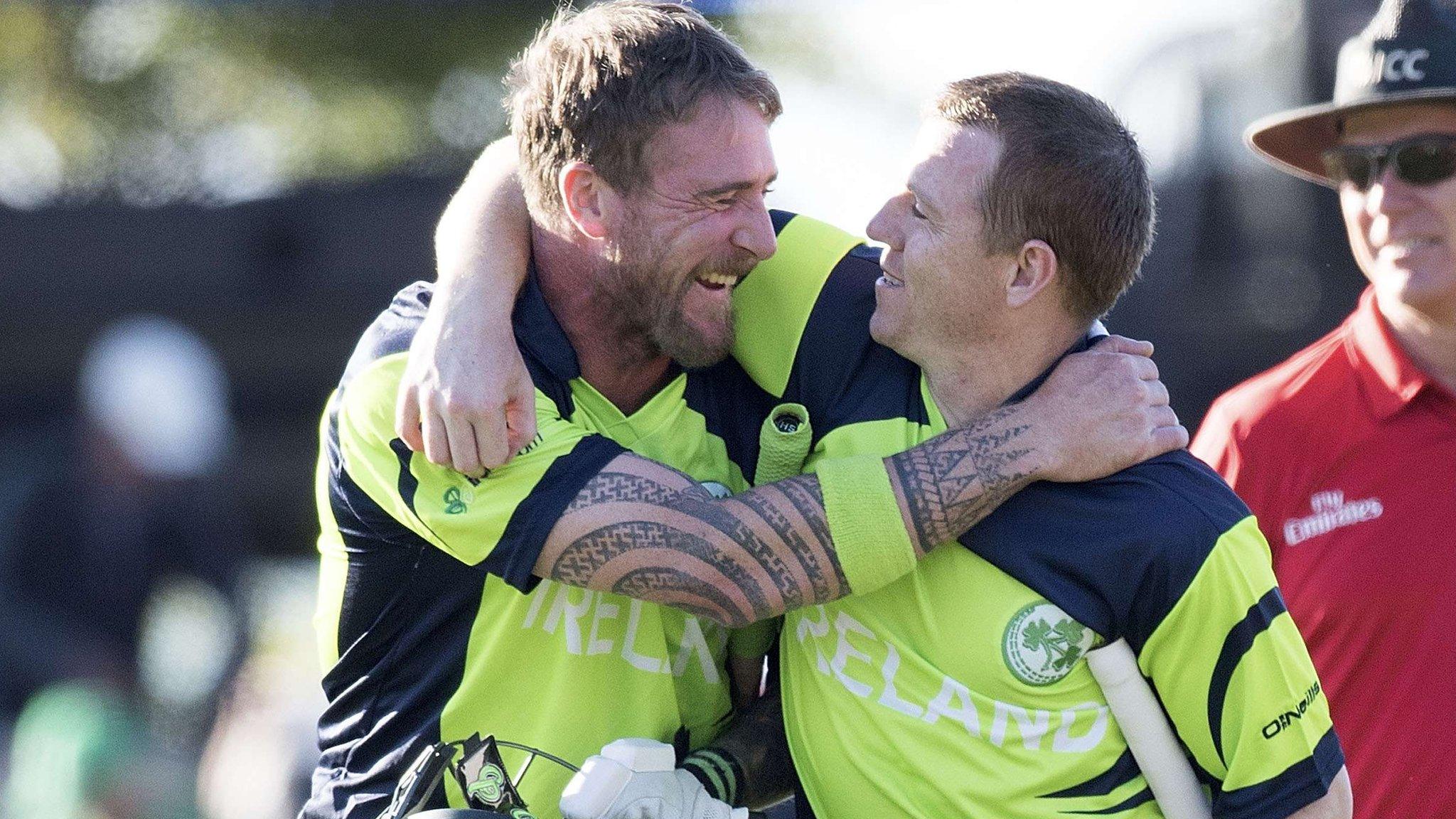 John Mooney and Niall O'Brien celebrate Ireland's victory over West Indies