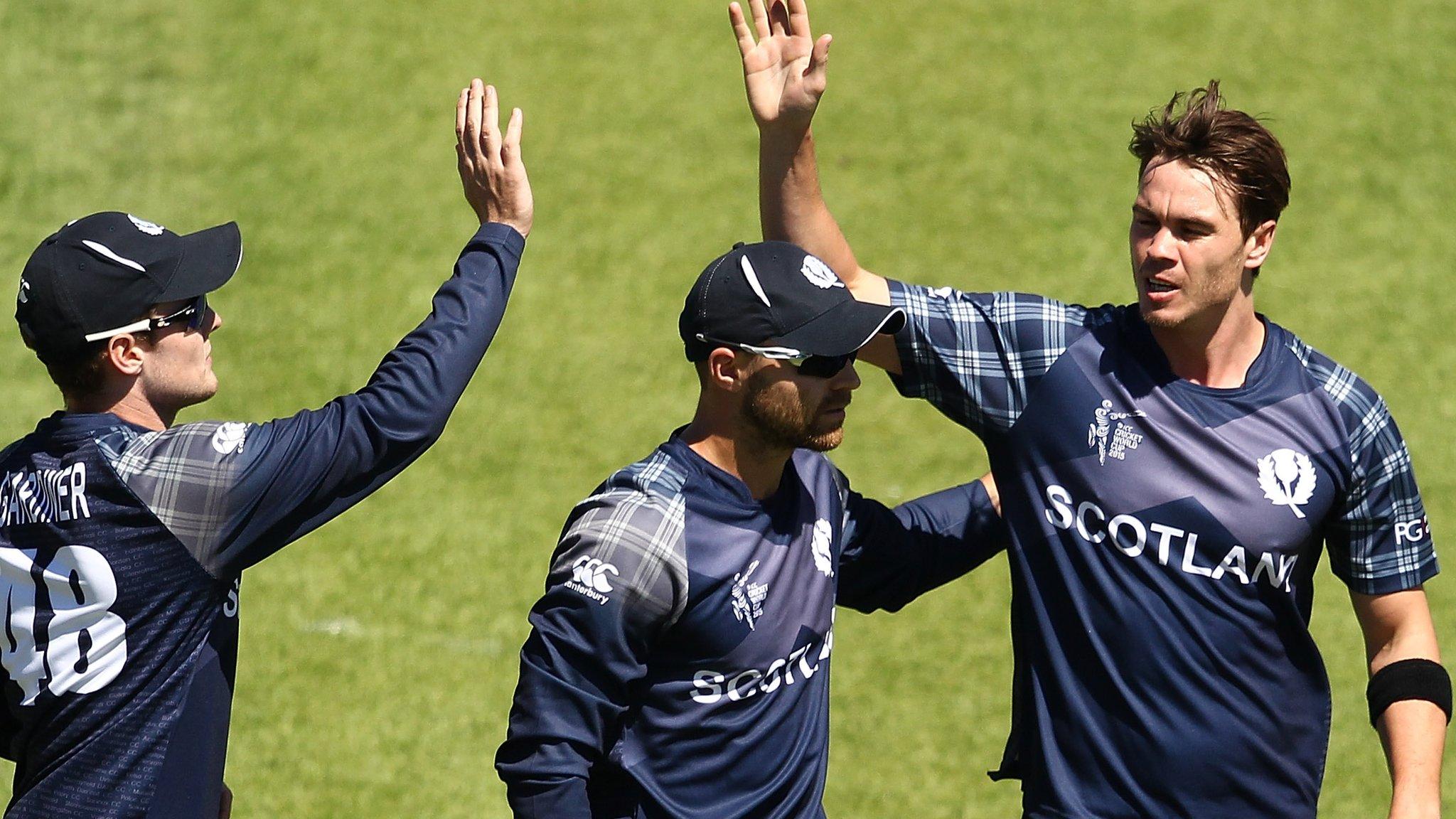 Scotland celebrate their first breakthrough, the wicket of Martin Guptill