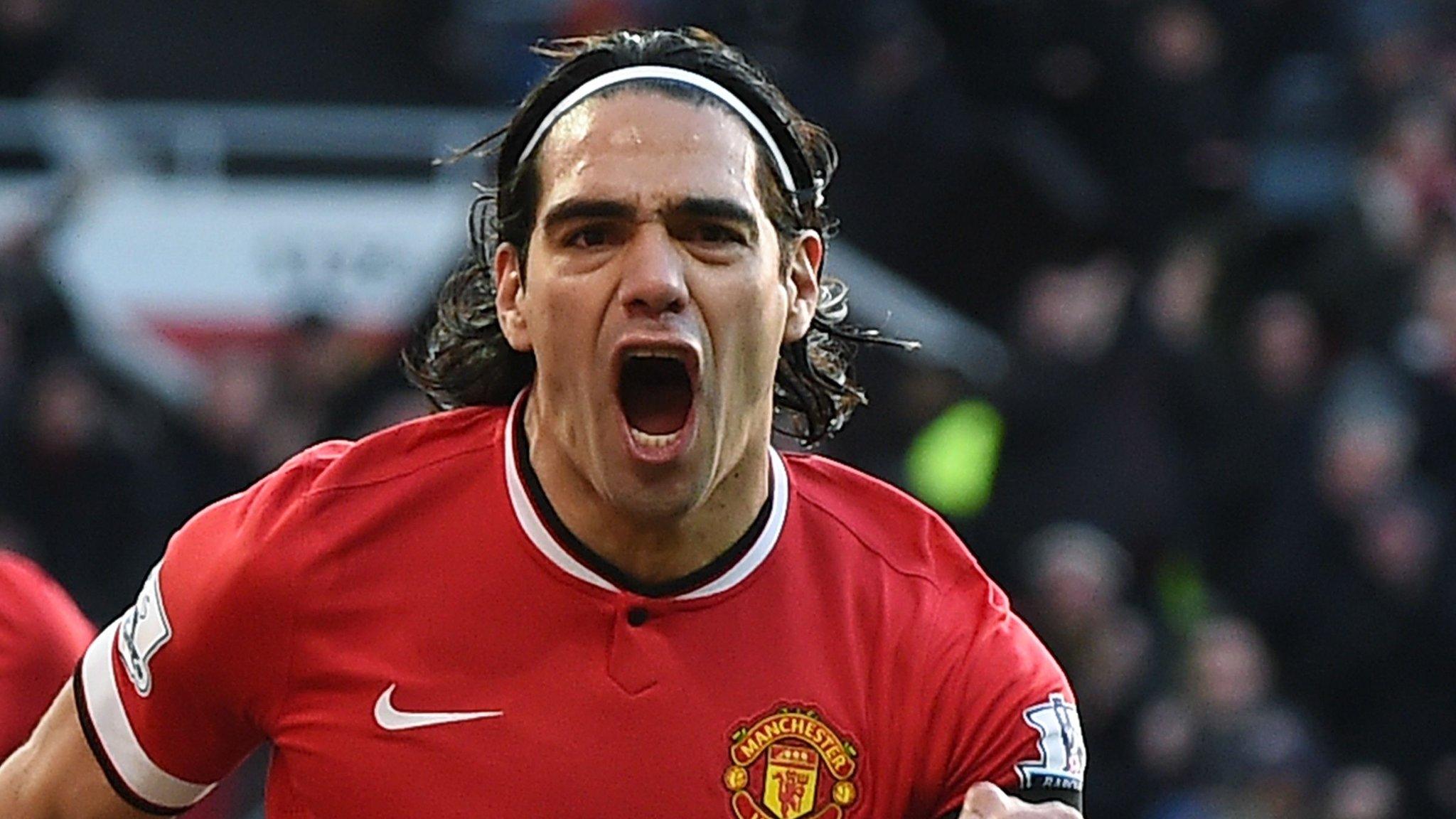 Radamel Falcao celebrates scoring his teams second goal against Leicester City