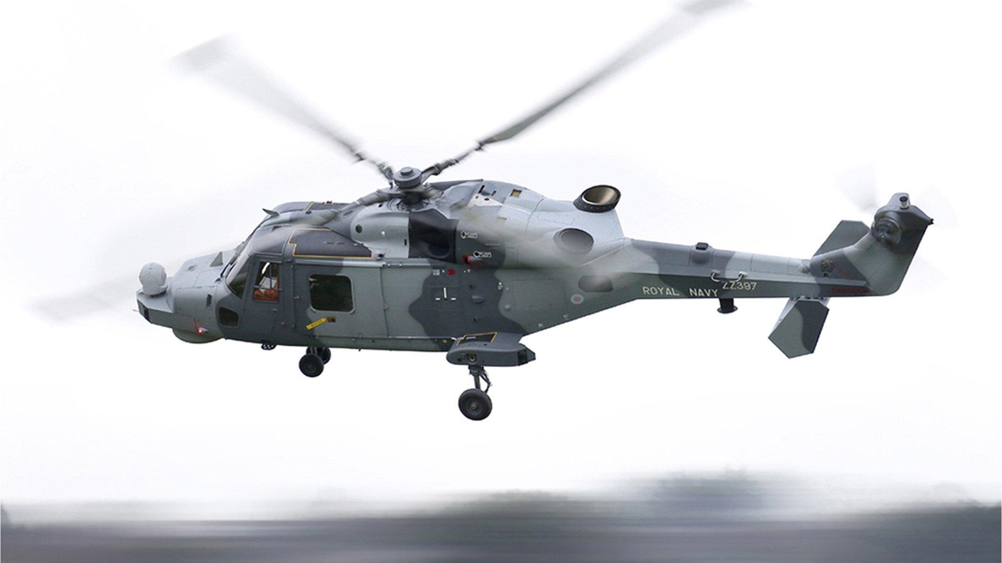 Royal Navy Wildcat Attack helicopter in flight in Somerset in 2013