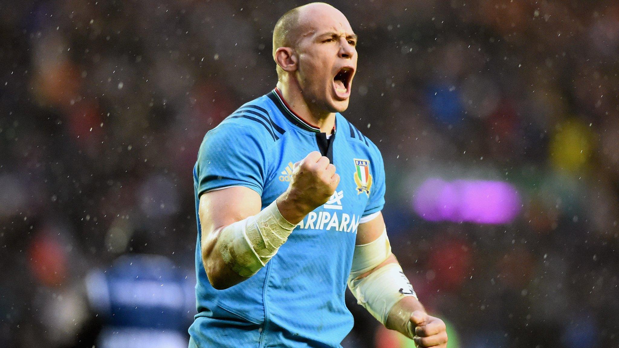 Sergio Parisse celebrates a 22-19 win for Italy at Murrayfield