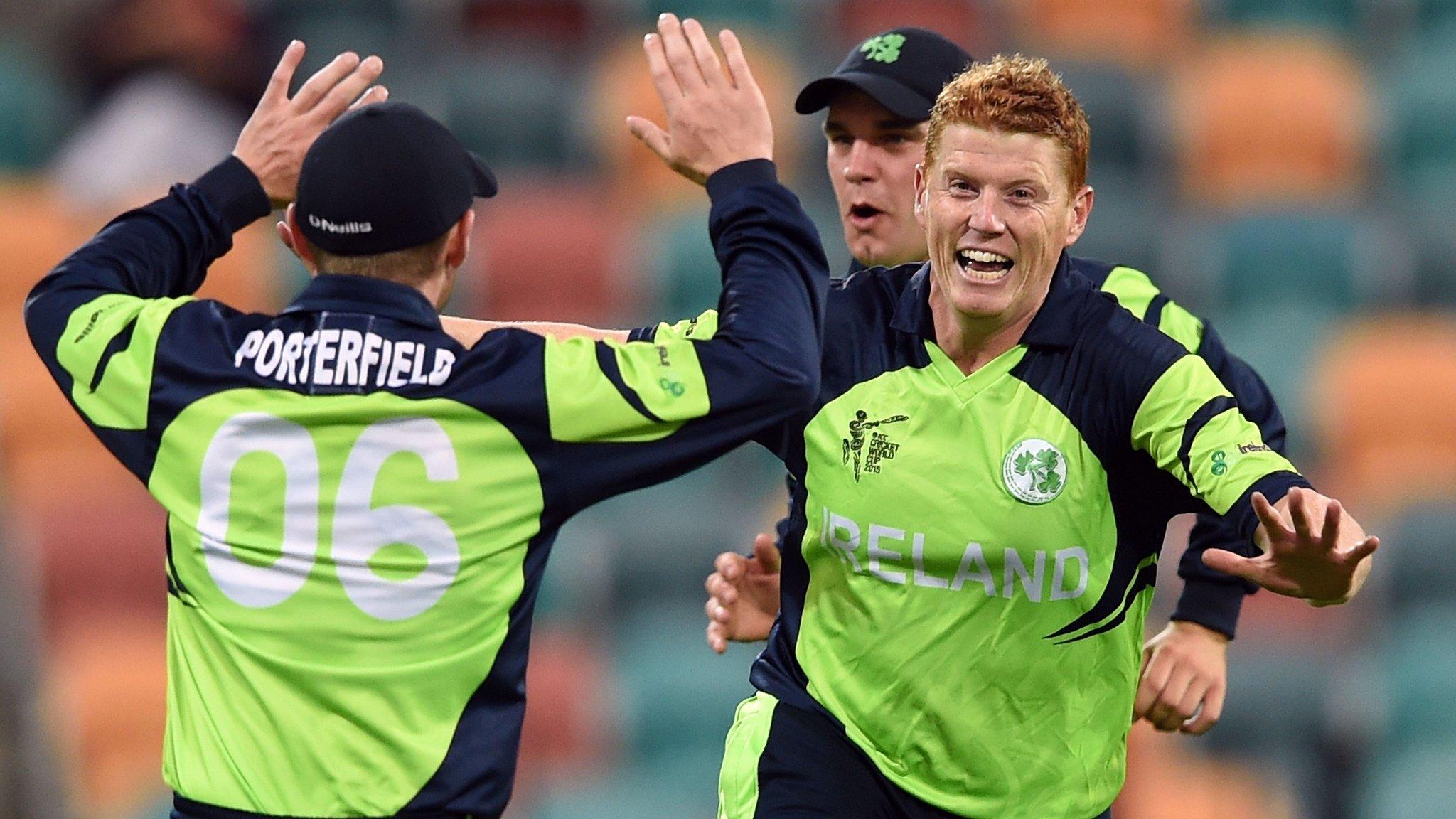 Ireland celebrate a Zimbabwe wicket in Hobart