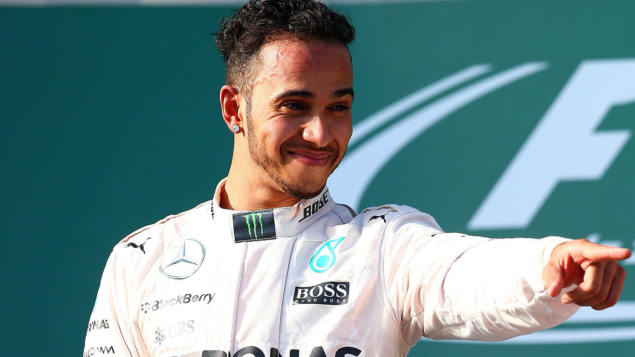 Lewis Hamilton celebrates winning the 2015 Australian Grand Prix