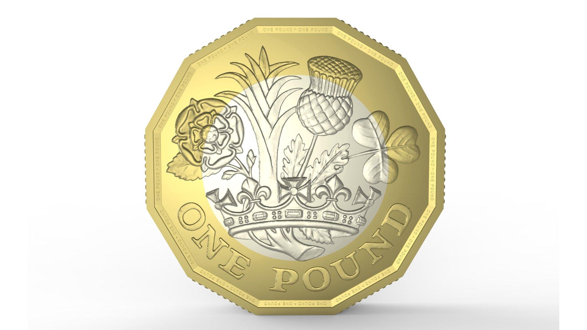 The new pound coin. It has twelve edges, with an outer golden ring and an inner silver ring. The design on the front shows a leek, thistle, shamrock and rose coming out of a crown.