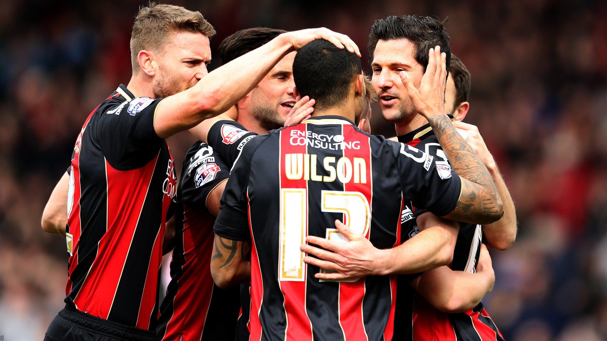 Bournemouth celebrate Yann Kermorgant's opening goal