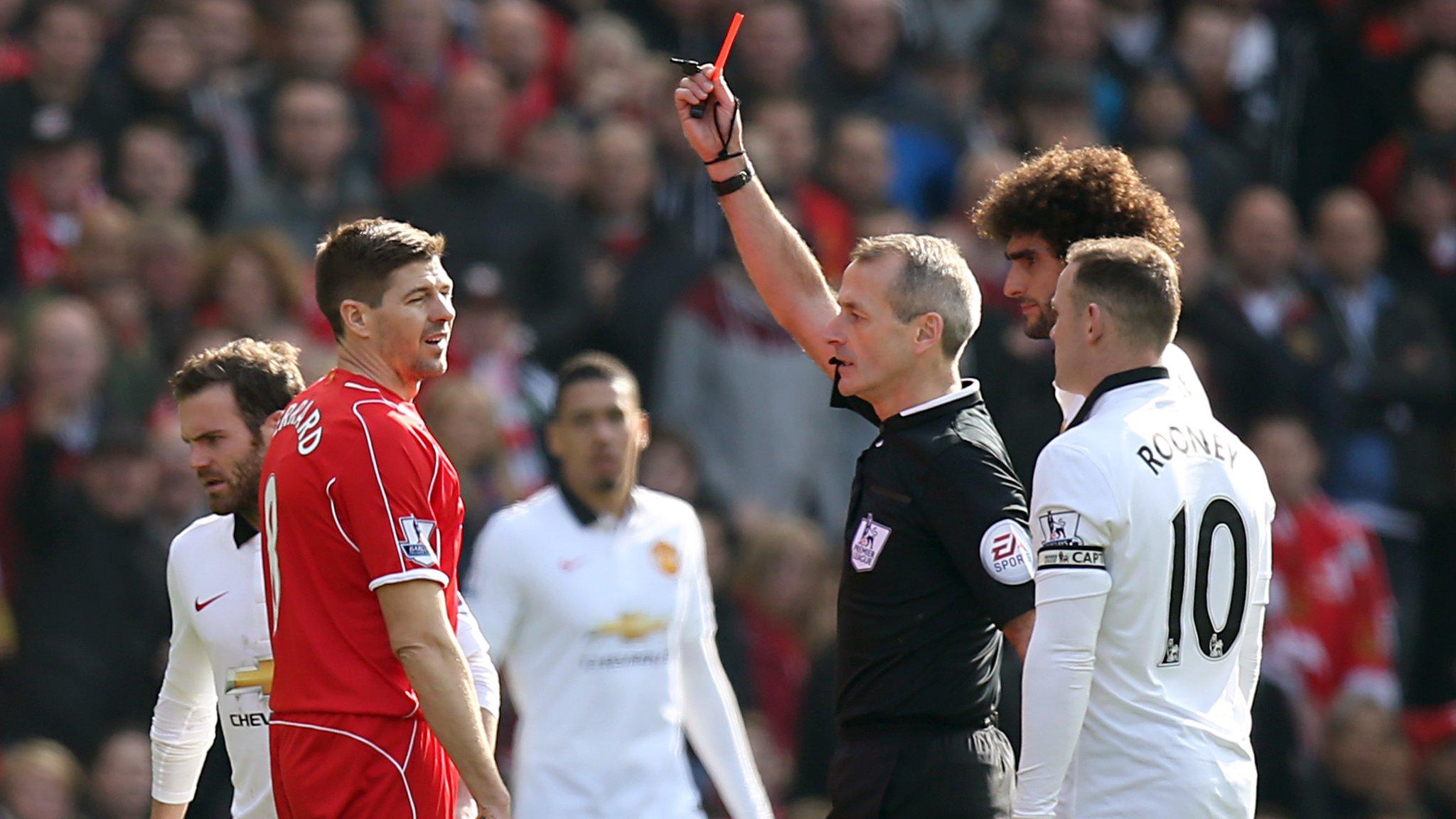 Steven Gerrard receives a red card